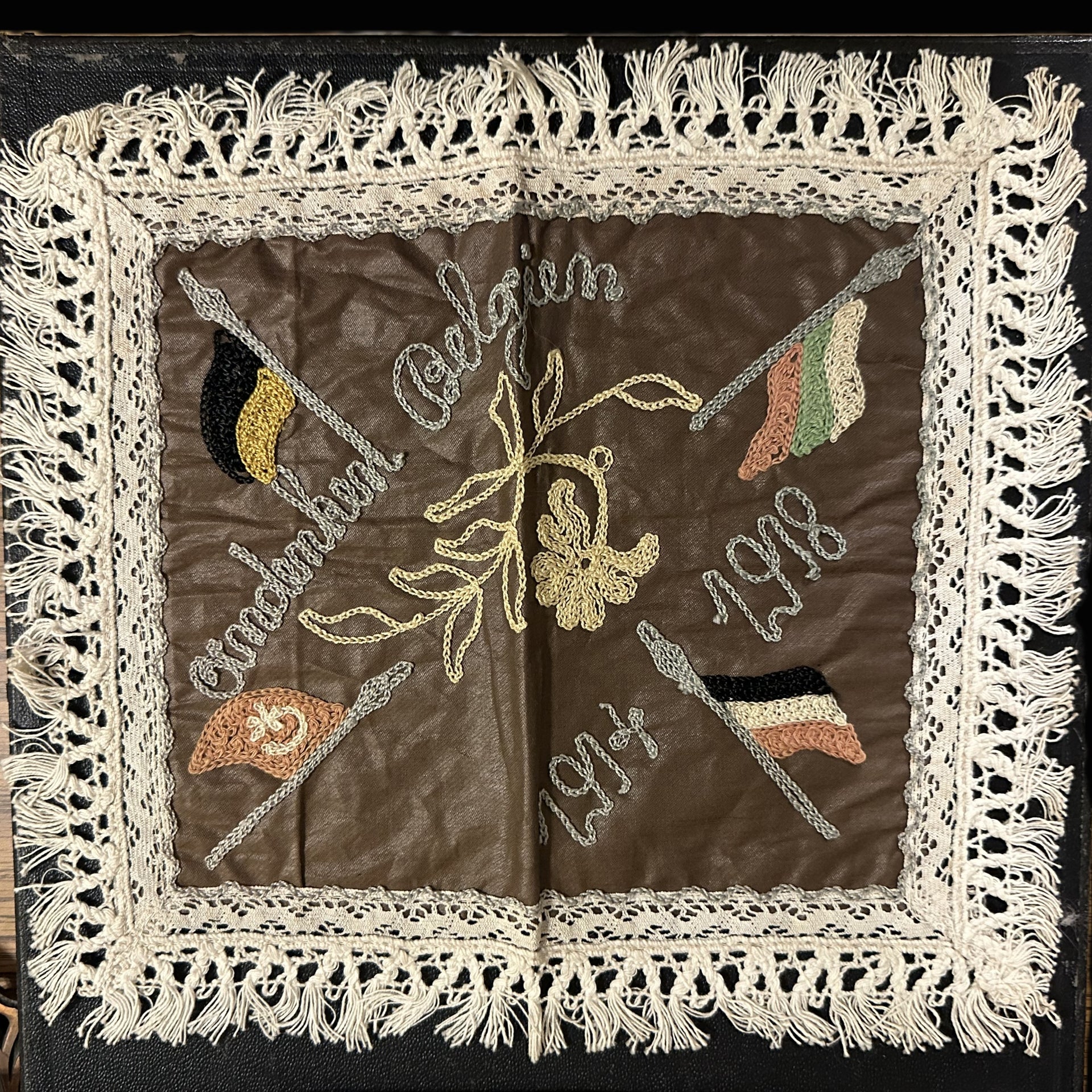 Belgian Patriotic Silk and Lace Place Mat, 1914-1918