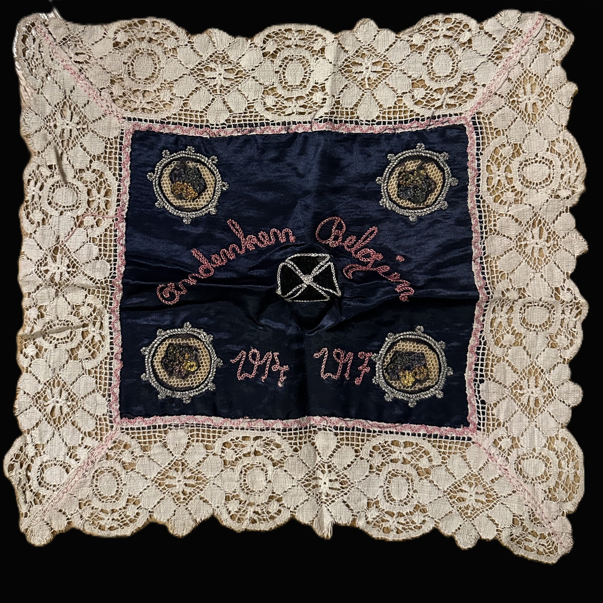 Belgian Patriotic Silk and Lace Place Mat, Ghent 1917