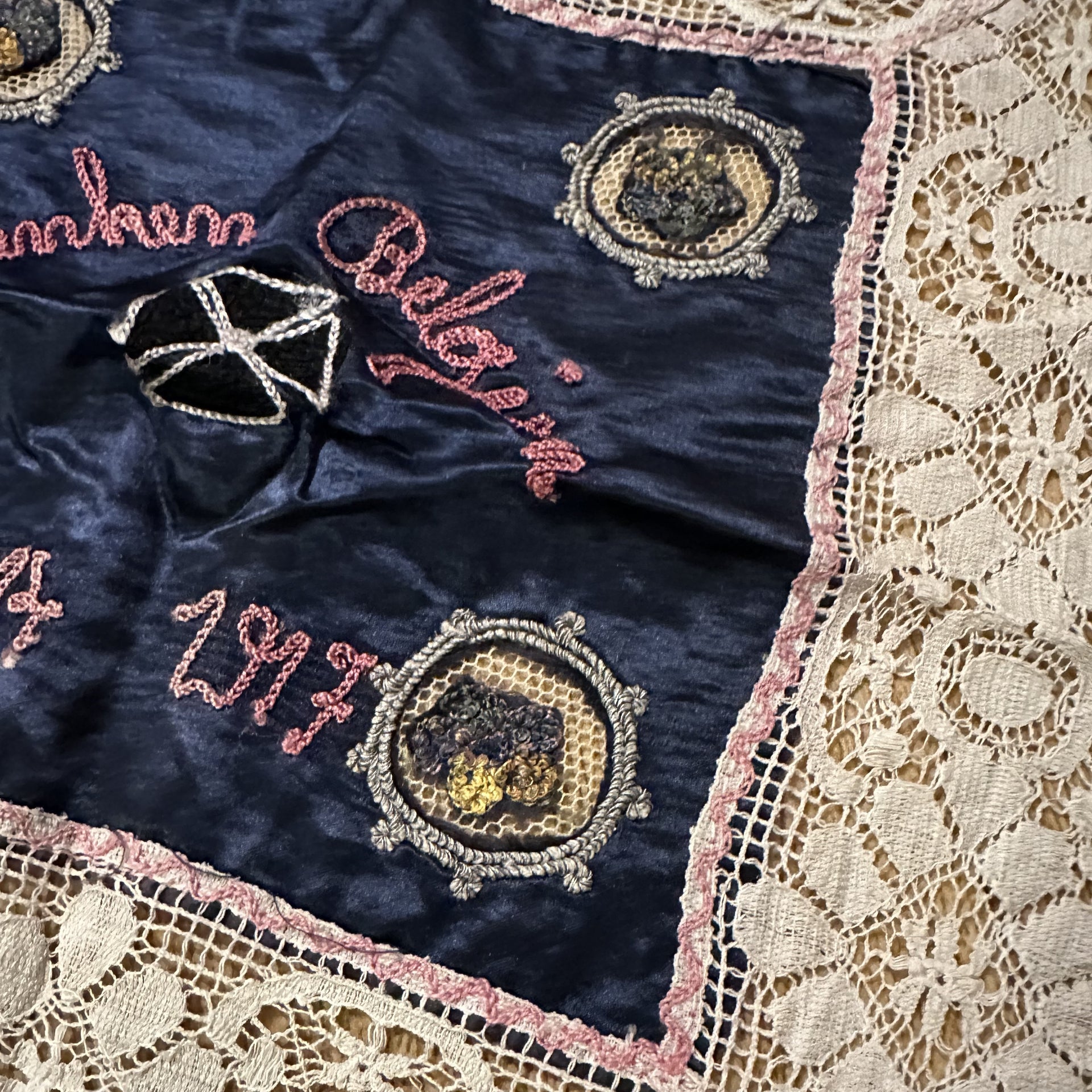 Belgian Patriotic Silk and Lace Place Mat, Ghent 1917