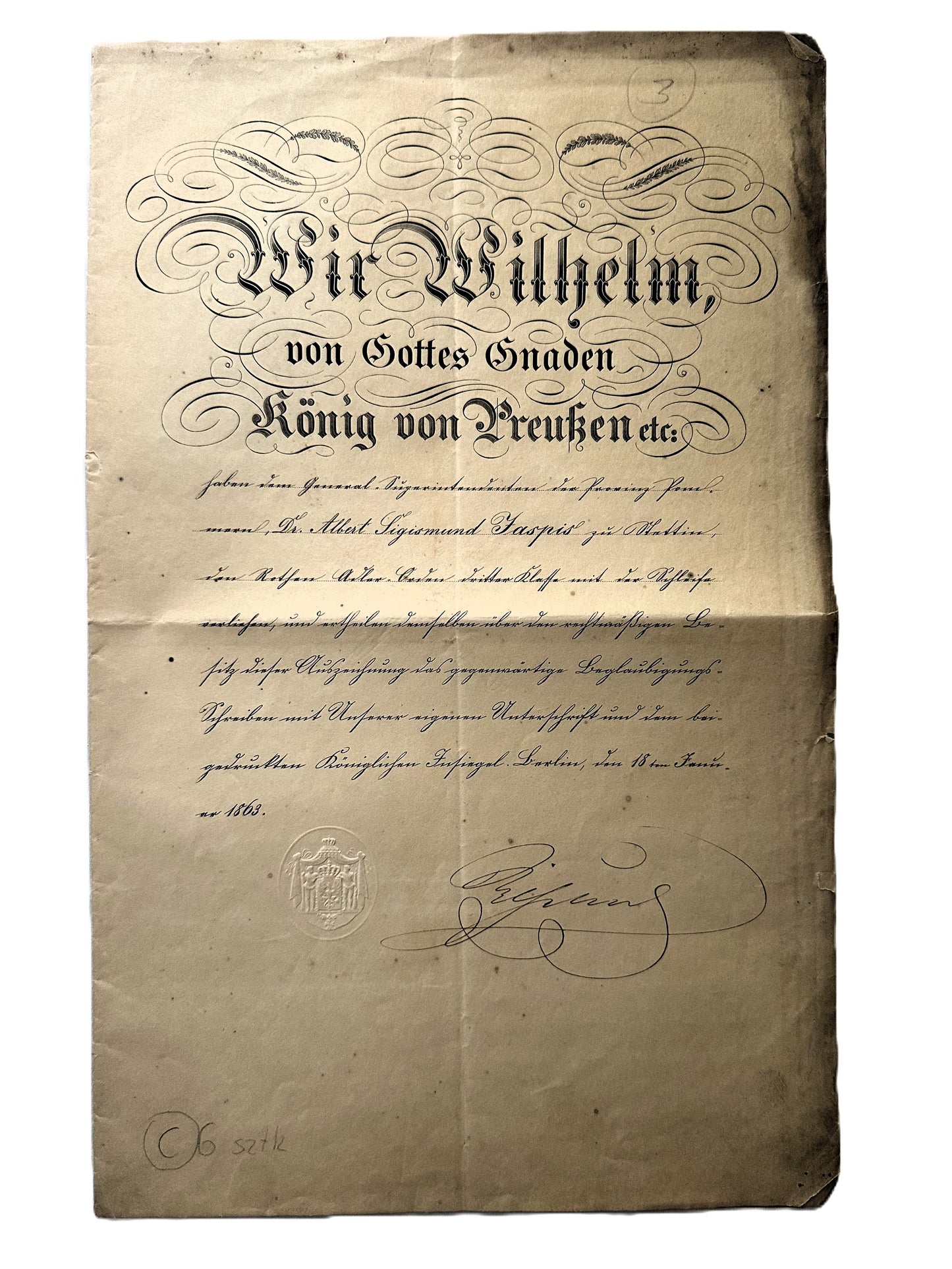 Red Eagle Order 2nd Class Award Document Signed by King Wilhelm I of Prussia