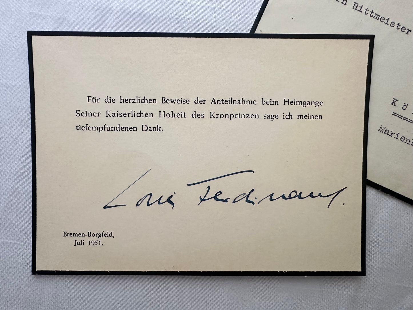 Condolence Thank You Card from Prince Louis Ferdinand of Prussia for His Father Crown Prince Wilhelm of Prussia