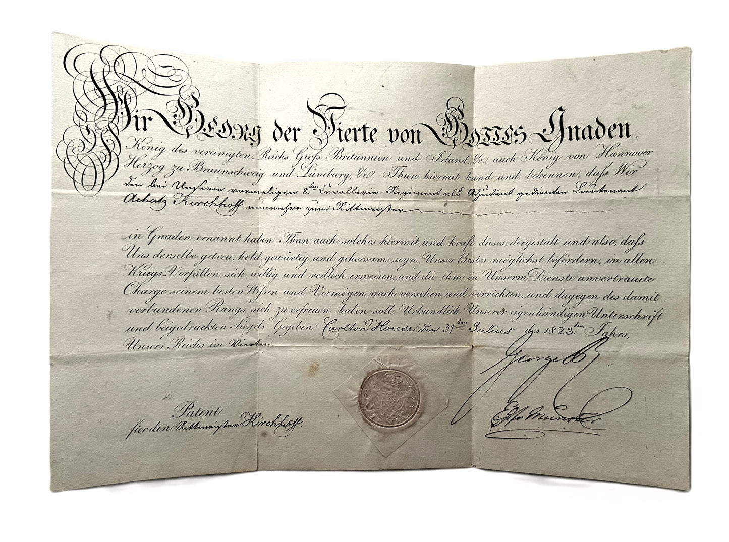 Hanoverian Officer Promotion Patent – Signed by King George IV