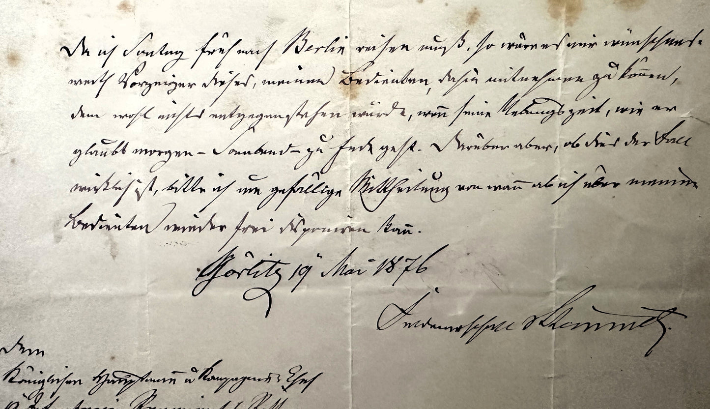 Prussian Autographed Letter - Generalfeldmarschall Karl Friedrich von Steinmetz