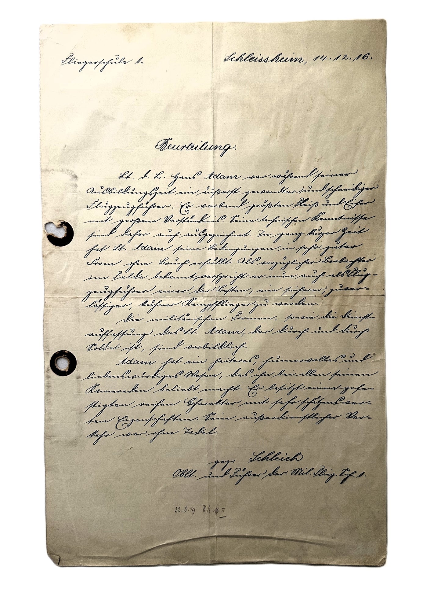 Signed Eduard Ritter von Schleich Document Discussing Future Knight’s Cross of the Military Max Joseph Order (Bavaria) Winner Hans Ritter von Adam’s Flying Skills -