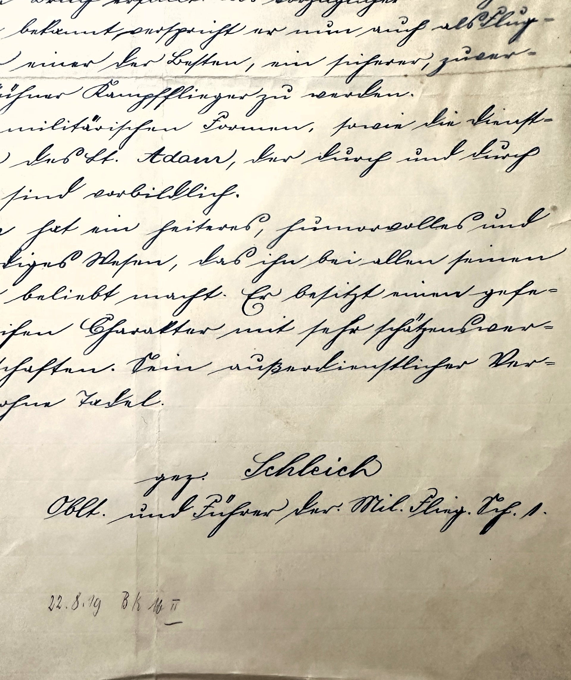Signed Eduard Ritter von Schleich Document Discussing Future Knight’s Cross of the Military Max Joseph Order (Bavaria) Winner Hans Ritter von Adam’s Flying Skills -
