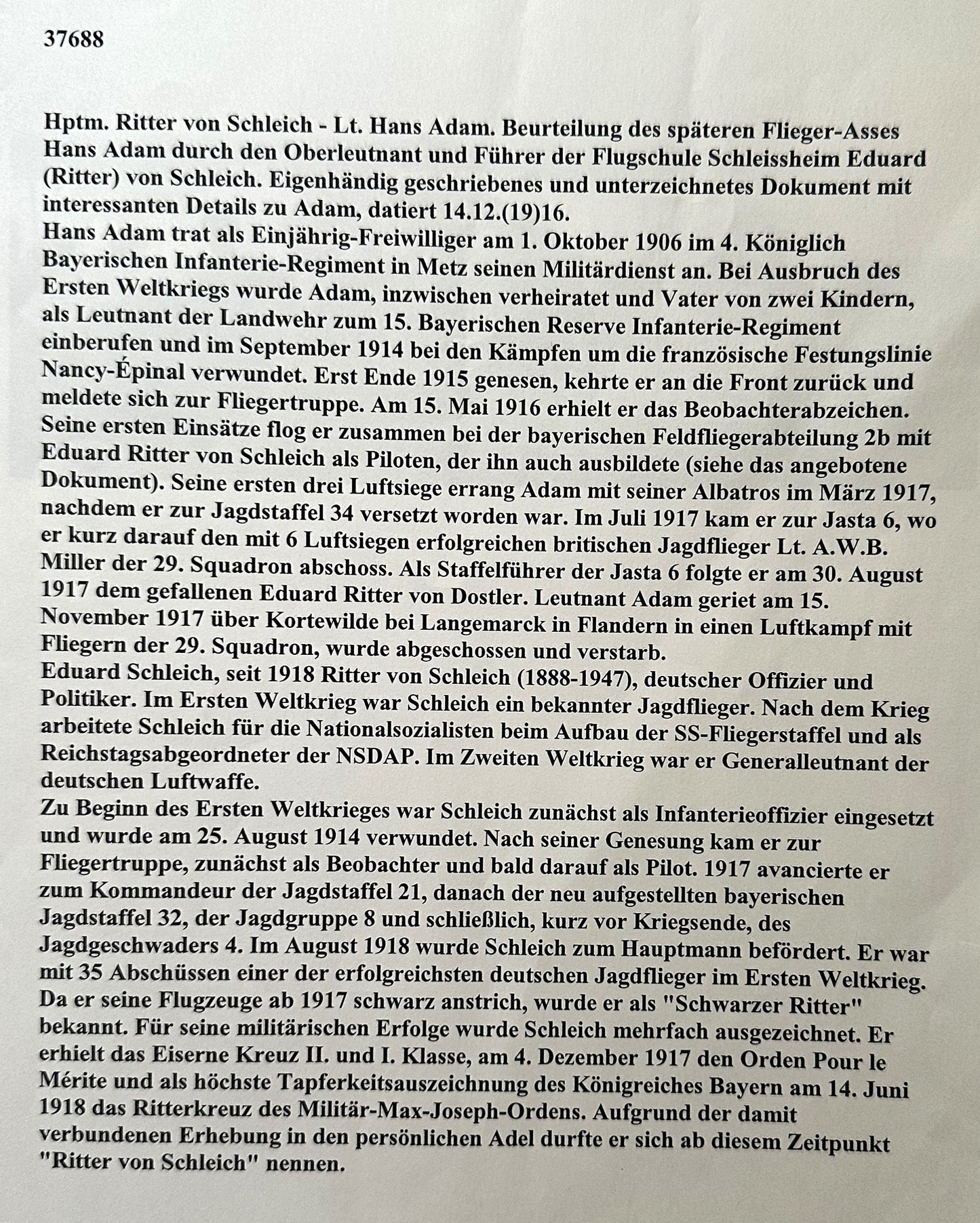 Signed Eduard Ritter von Schleich Document Discussing Future Knight’s Cross of the Military Max Joseph Order (Bavaria) Winner Hans Ritter von Adam’s Flying Skills -