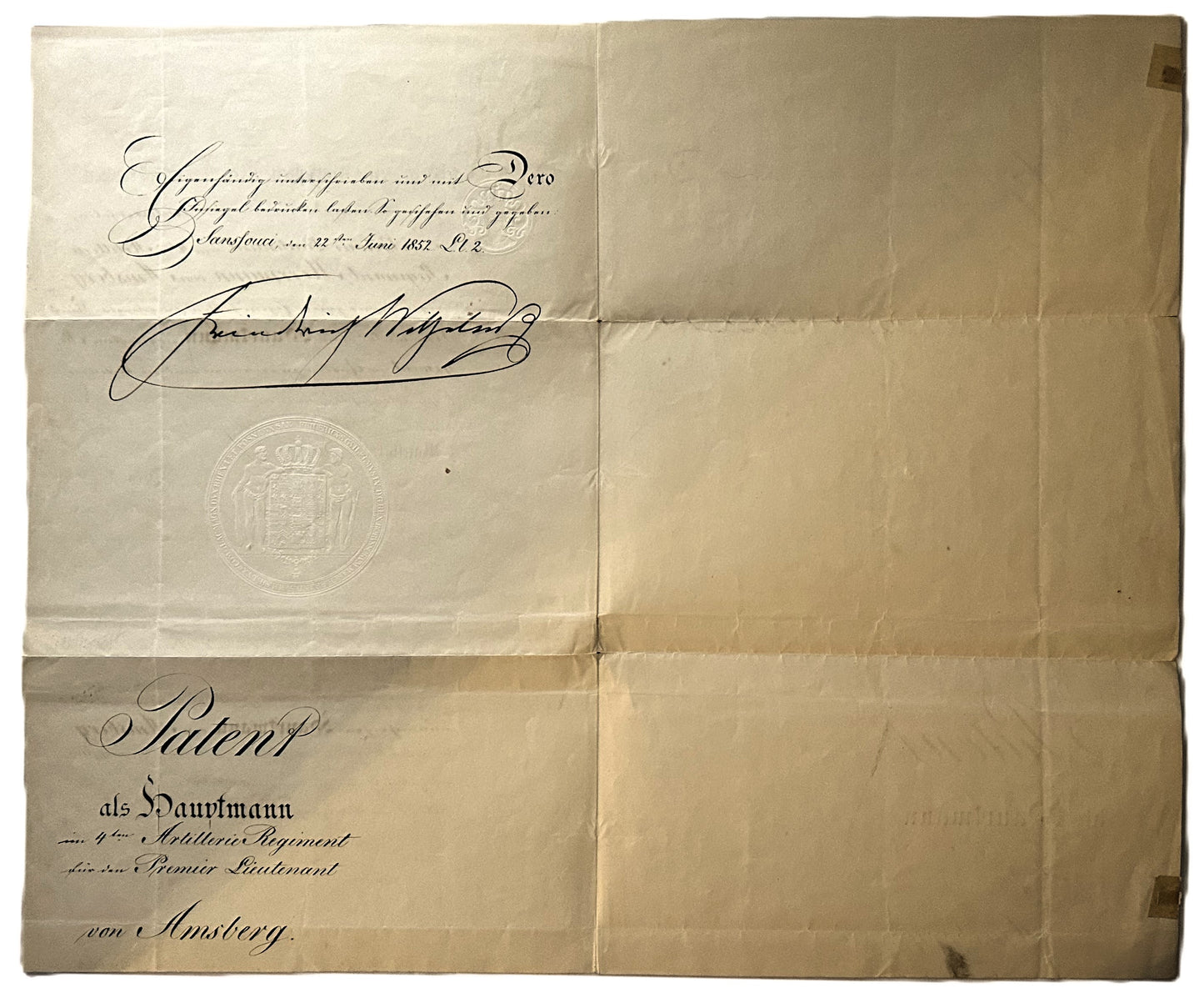 Prussia – Patent – Hauptman Promotion – Signed by Prussia’s König Friedrich Wilhelm IV