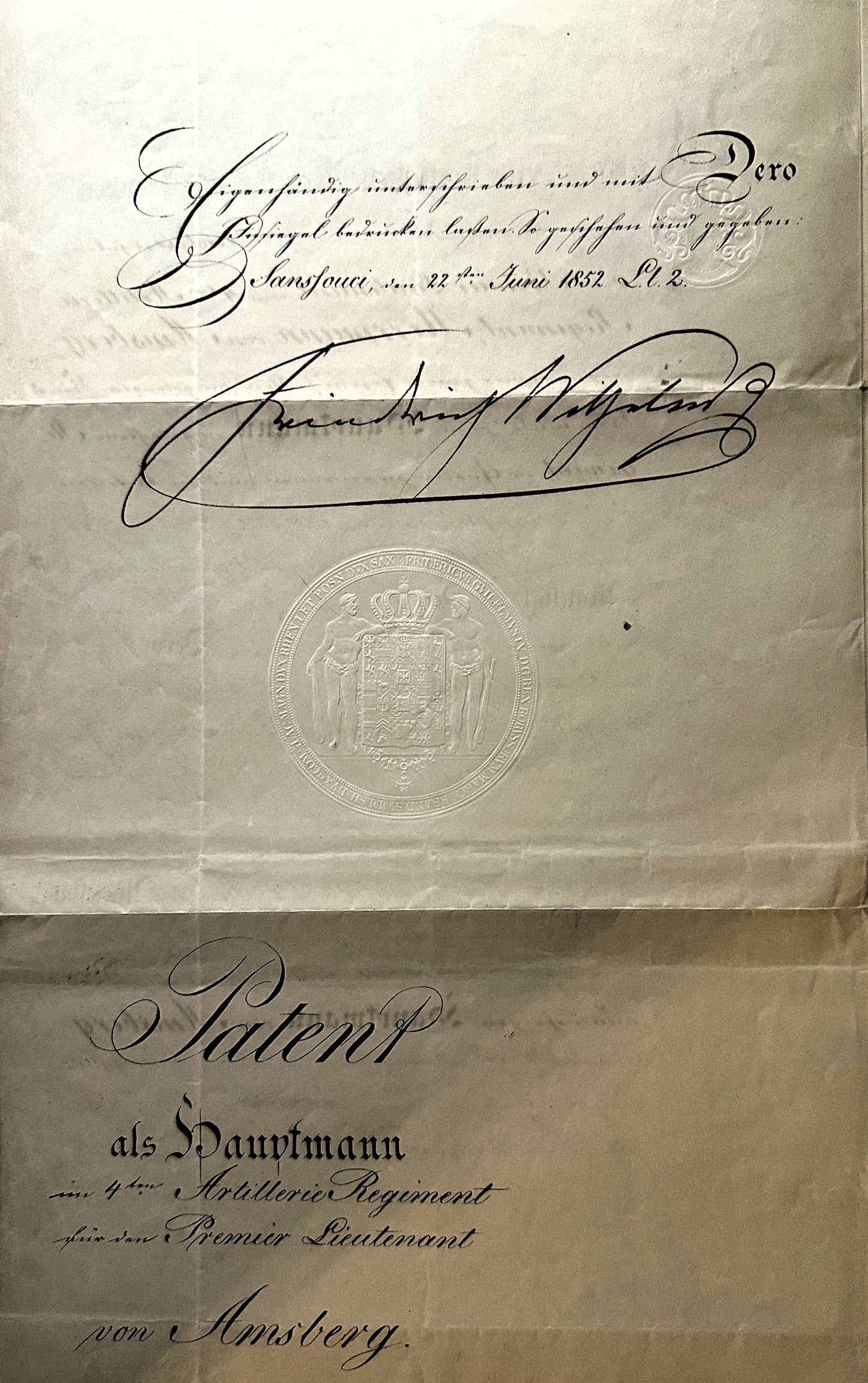 Prussia – Patent – Hauptman Promotion – Signed by Prussia’s König Friedrich Wilhelm IV