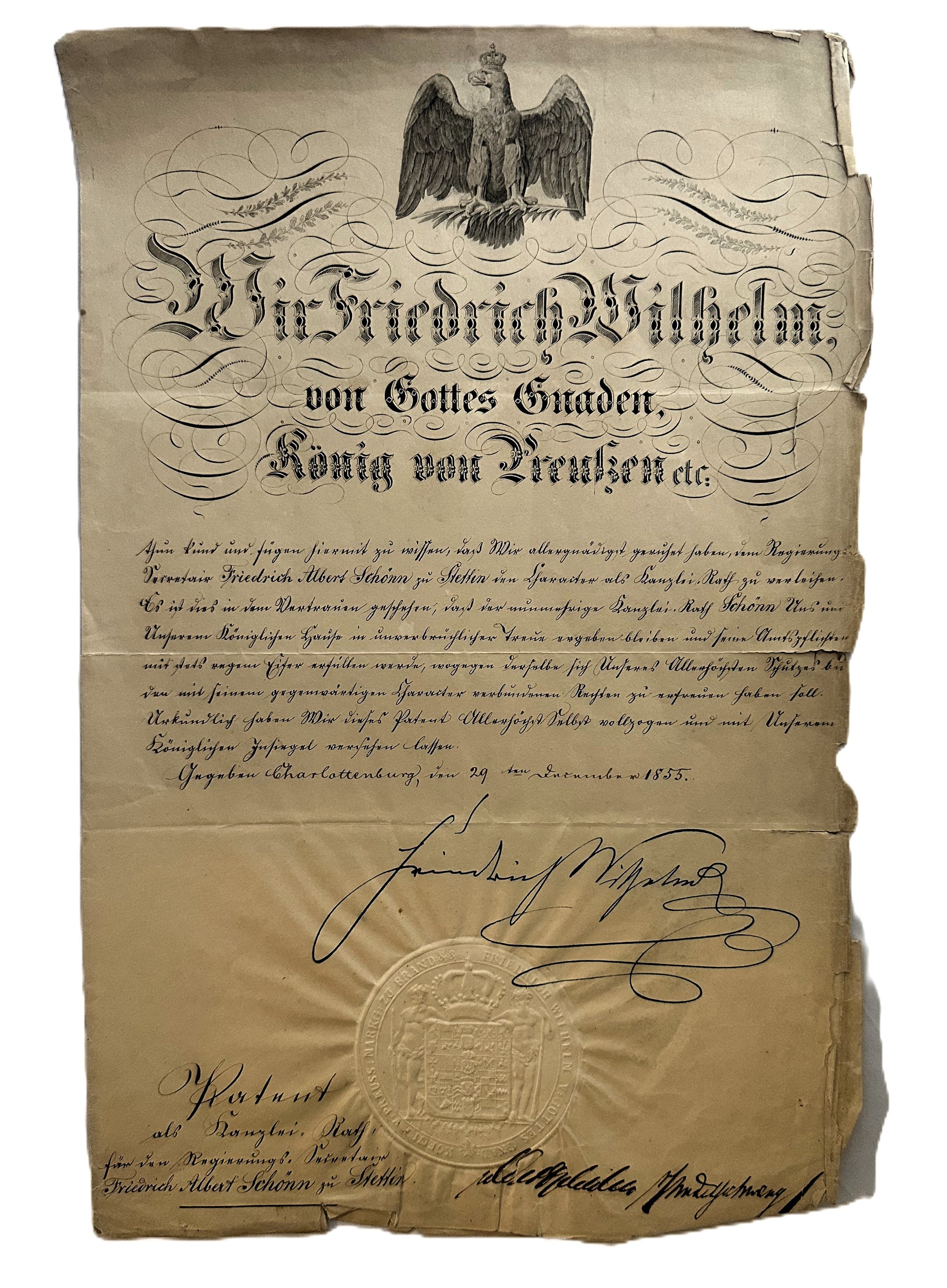 Prussia – Civil Service Appointment Signed by König Friedrich Wilhelm IV