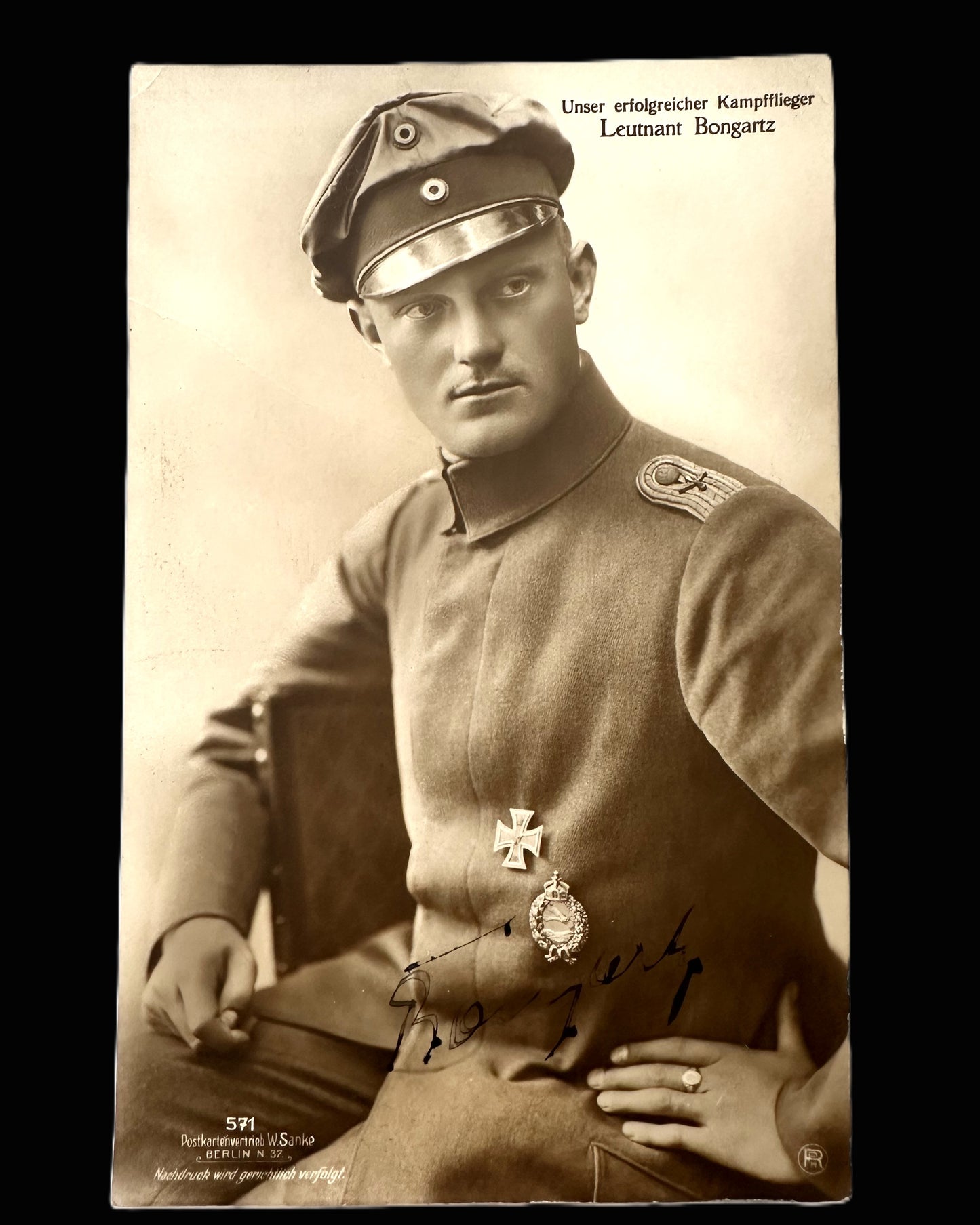 Signed Postcard of Leutnant Bongartz – Successful German Fighter Pilot – World War I