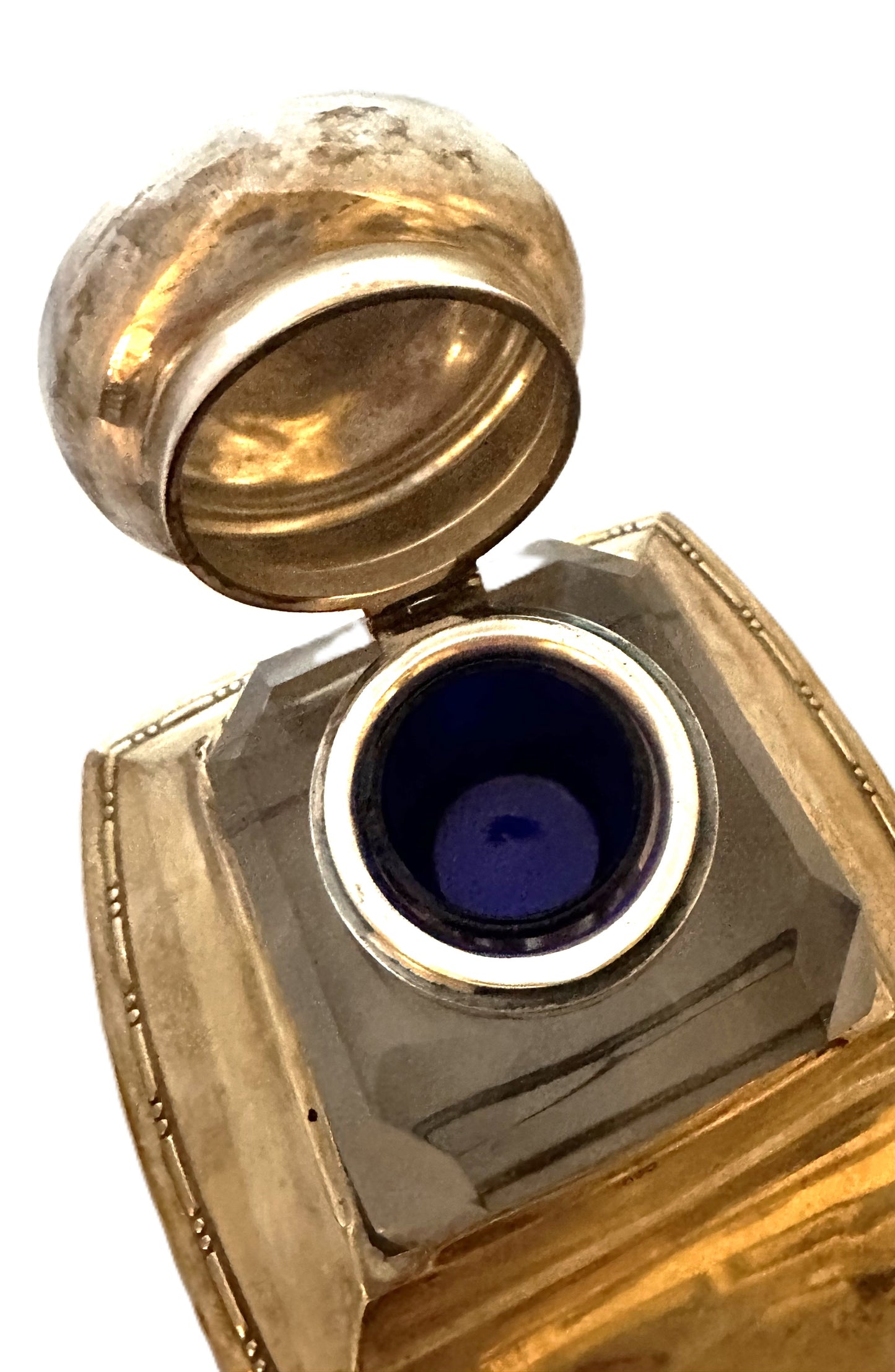 Antique Sterling Silver and Crystal Inkwell with Cobalt Blue Glass Liner