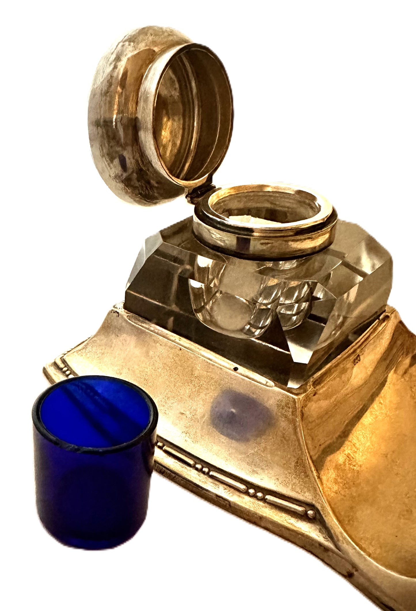 Antique Sterling Silver and Crystal Inkwell with Cobalt Blue Glass Liner