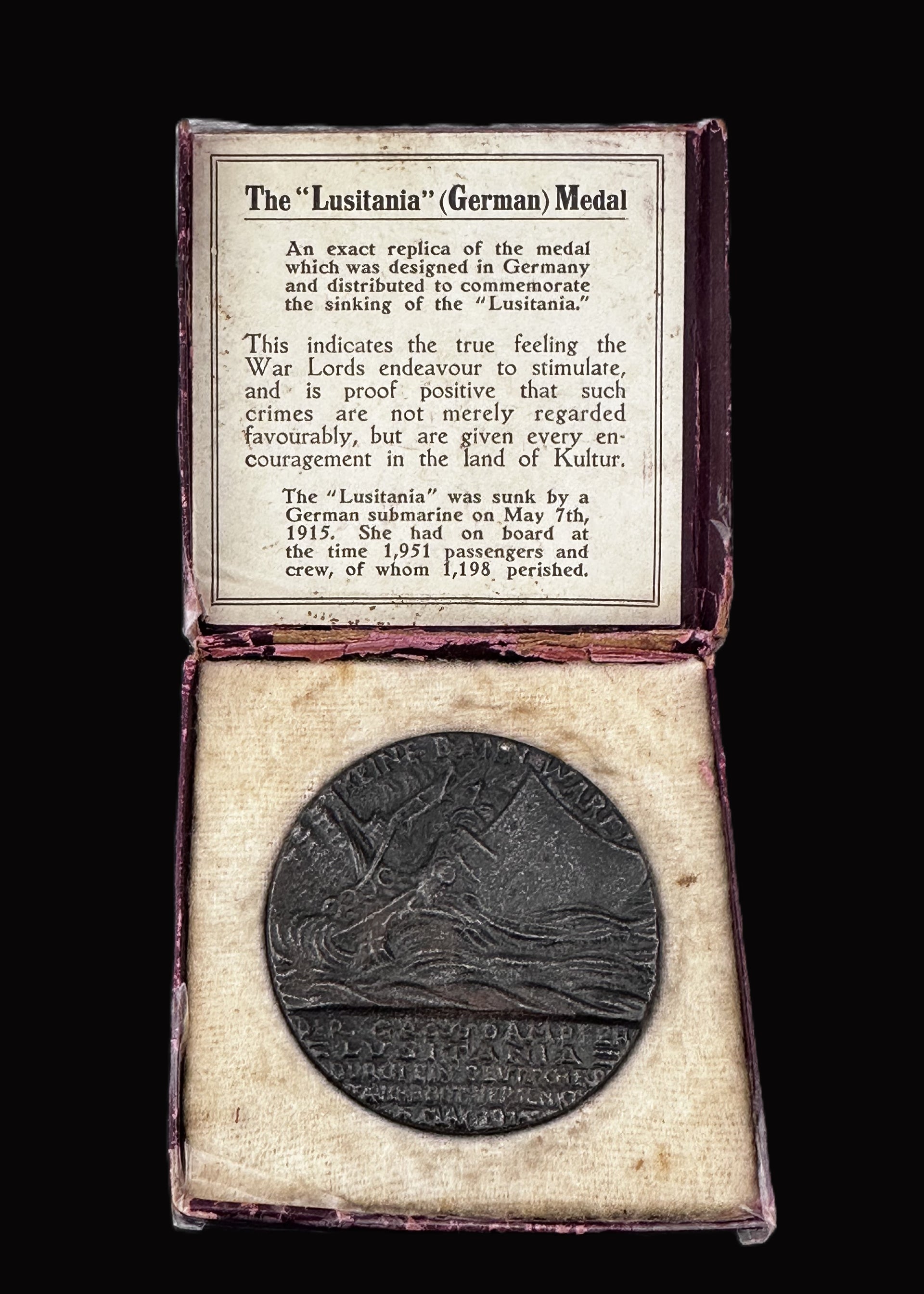 Replica of the RMS Lusitania Sinking Medal in Original Propaganda Box