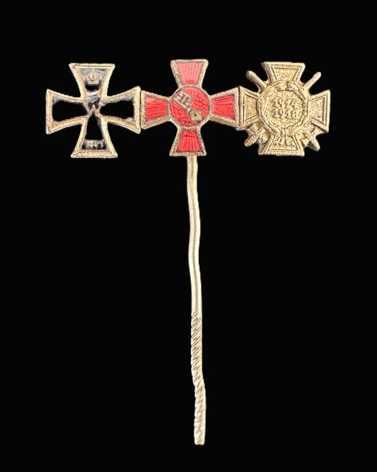 Imperial German Military Miniature Stickpin Trio – Iron Cross, Red Cross Medal, and Honor Cross of the World War 1914/18