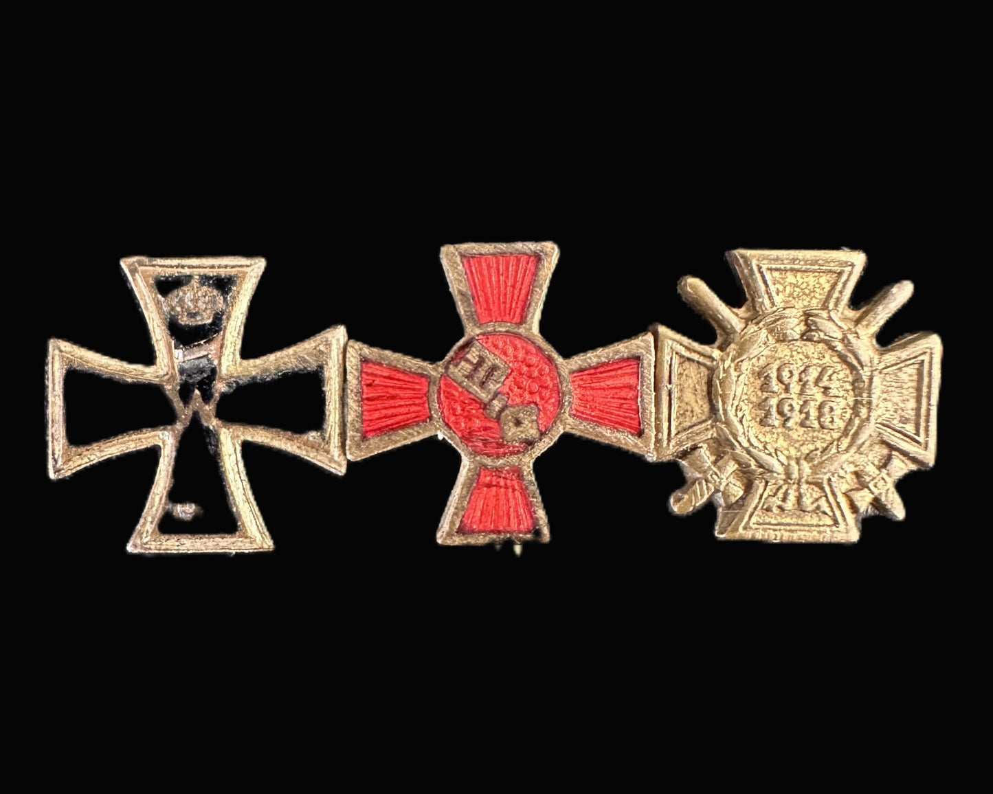 Imperial German Military Miniature Stickpin Trio – Iron Cross, Red Cross Medal, and Honor Cross of the World War 1914/18