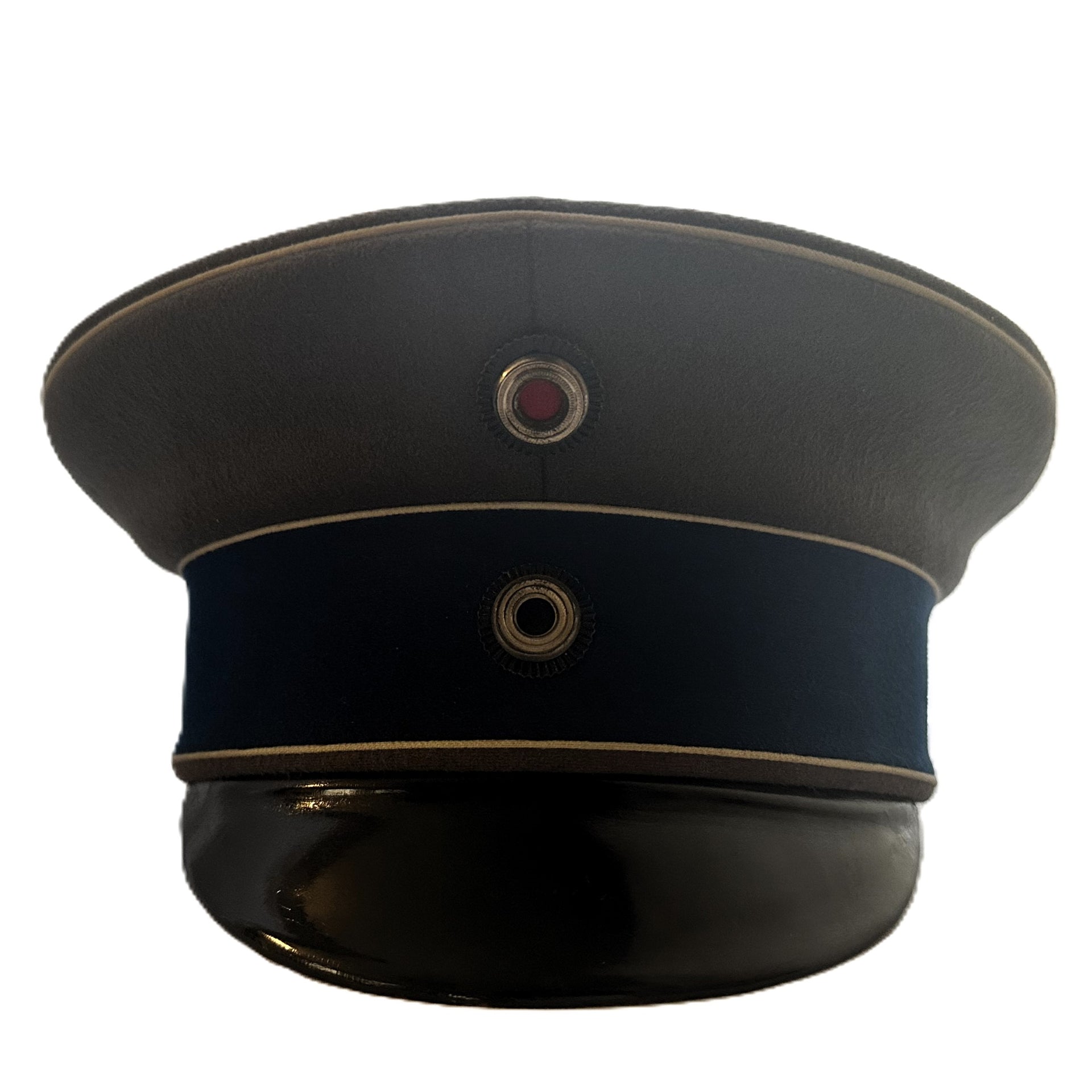 Prussian Officer’s Schirmütze – Garde-Kürassier Regiment – Feldgrau with Blue Stripe and White Piping