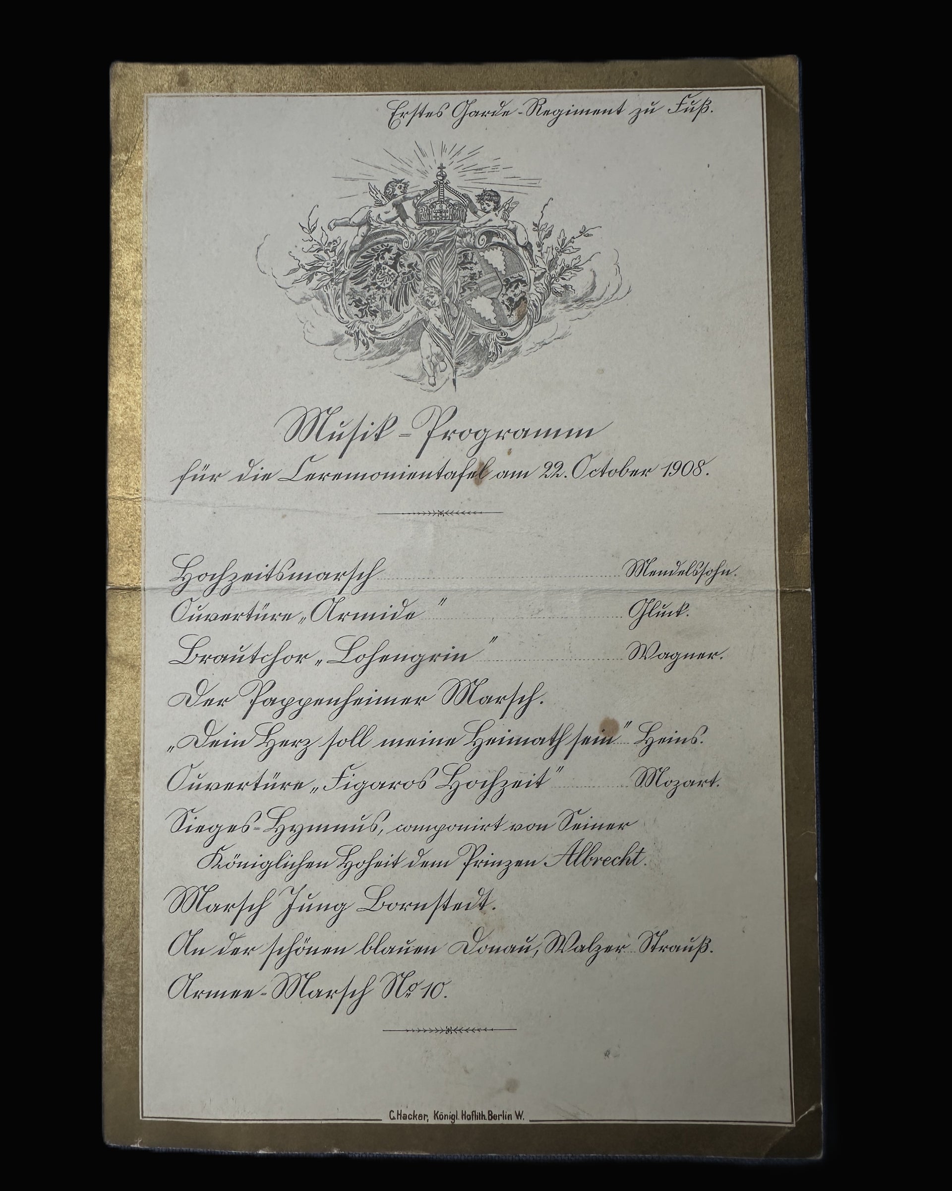 1st Prussian Foot Guards 1908 Leutnantstafel Program Presented to Prince Joachim