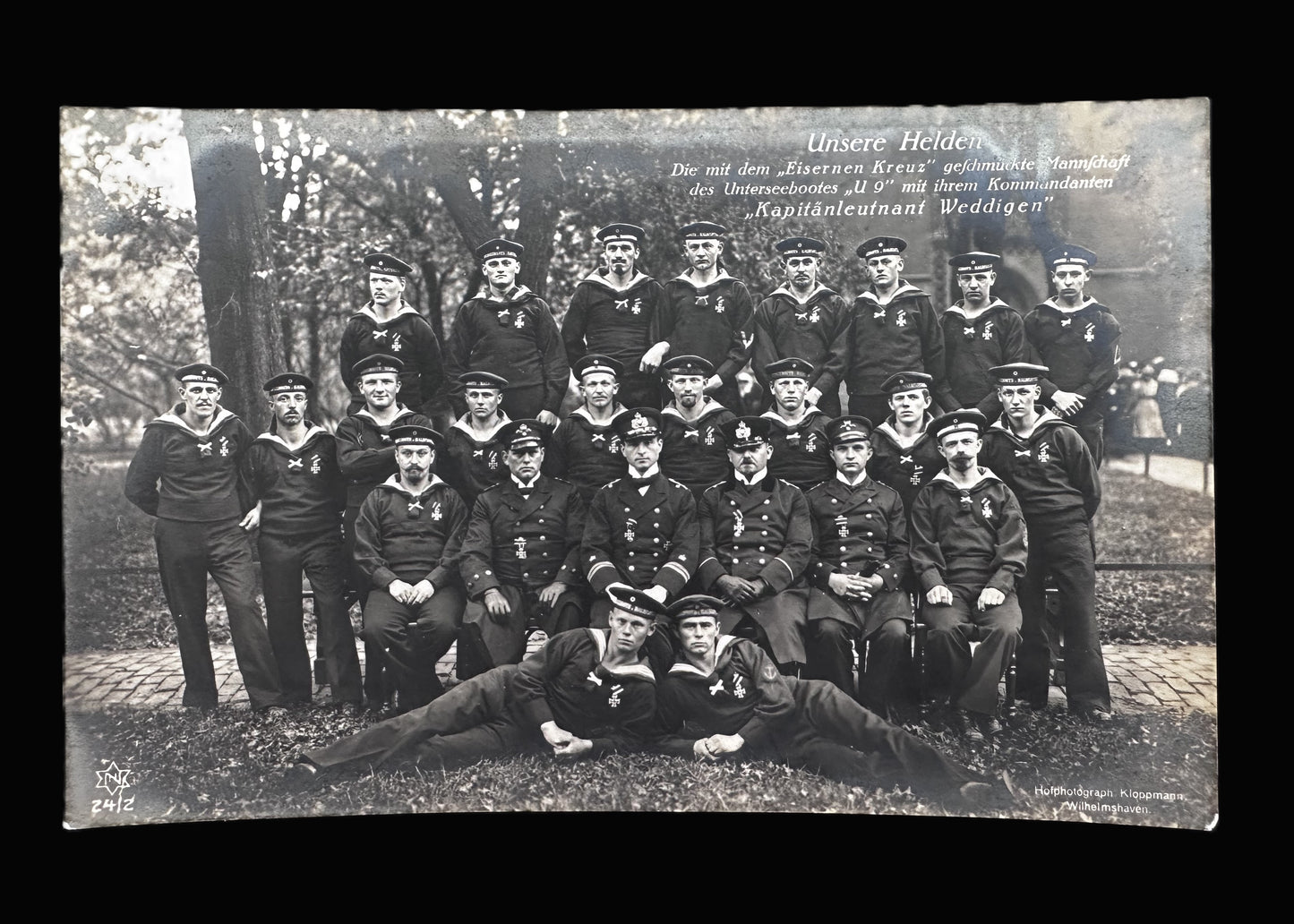 Postcard Photograph of the Crew of German U-9 Submarine with Kapitänleutnant Otto Weddigen – Iron Cross Recipients