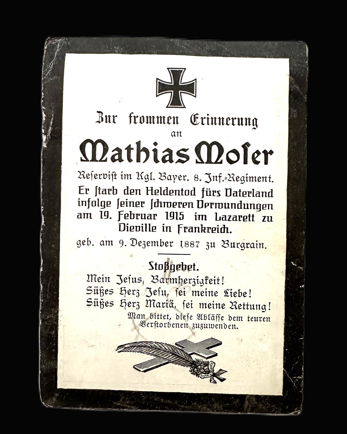 WWI Death Memorial Card for Reservist Mathias Moser – Royal Bavarian 8th Infantry Regiment