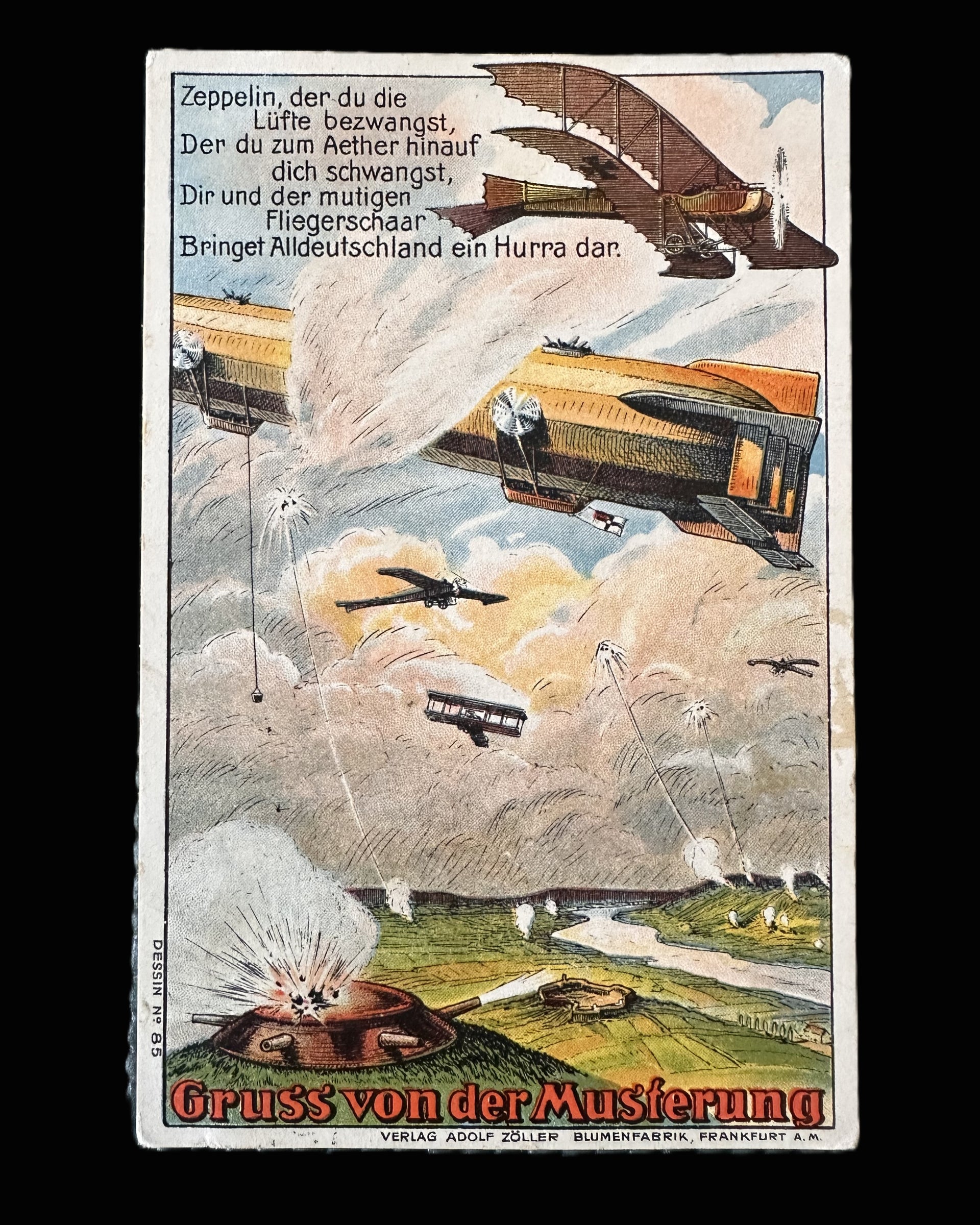 Postcard – Gruss von der Musterung Zeppelin Bombing Scene (1915)