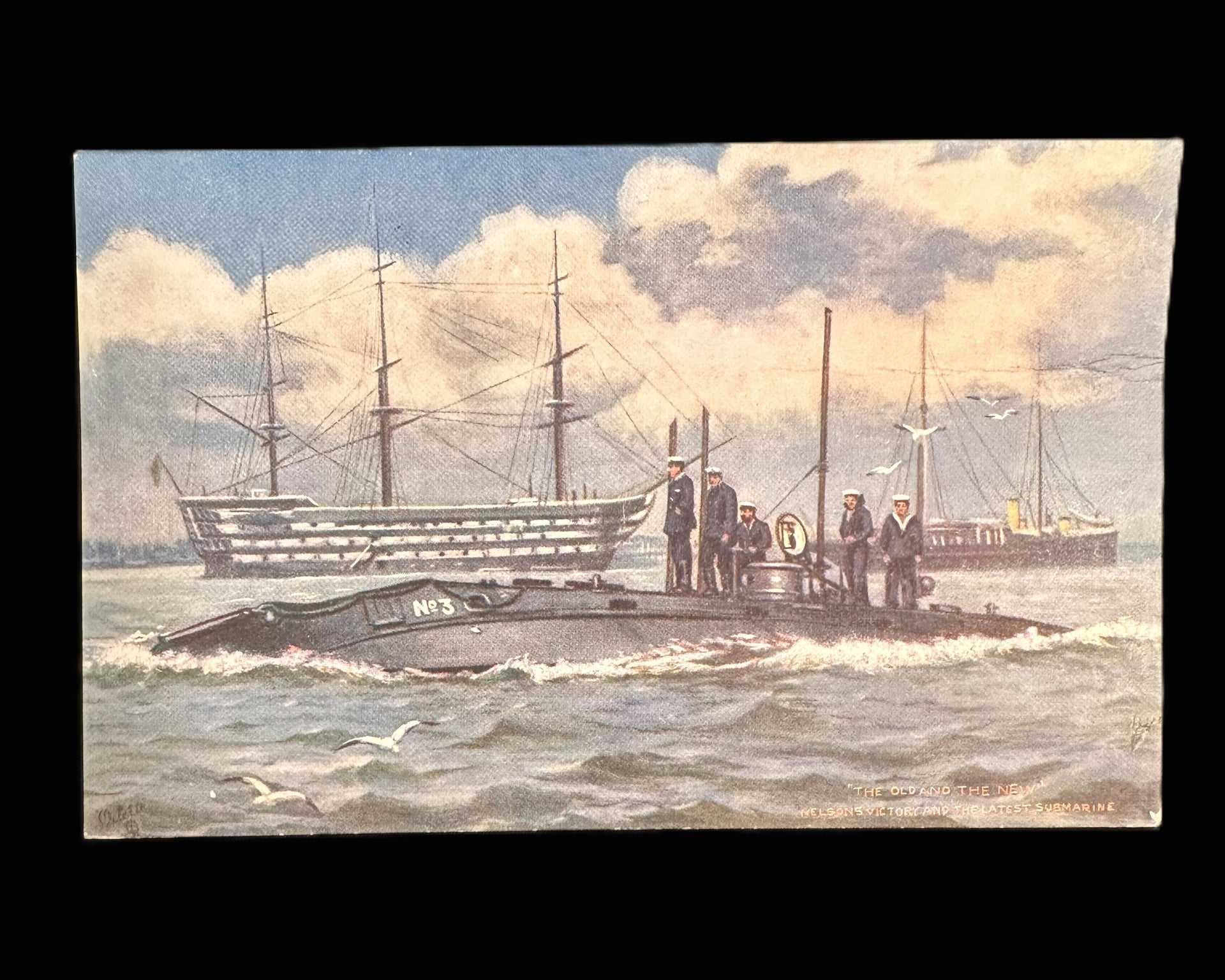 WWI British Naval Postcard “The Old and the New” HMS Victory and Submarine
