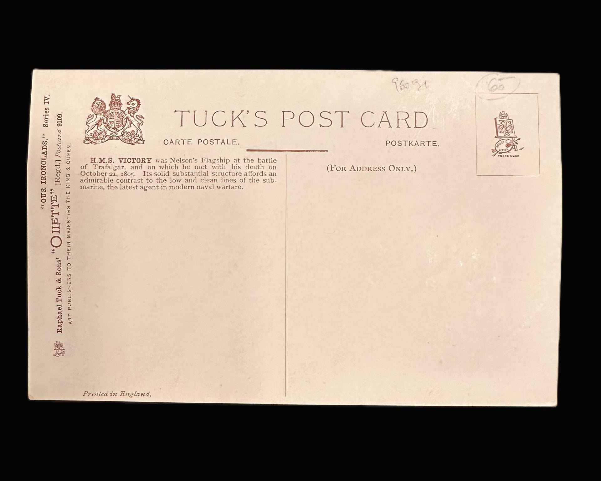 WWI British Naval Postcard “The Old and the New” HMS Victory and Submarine