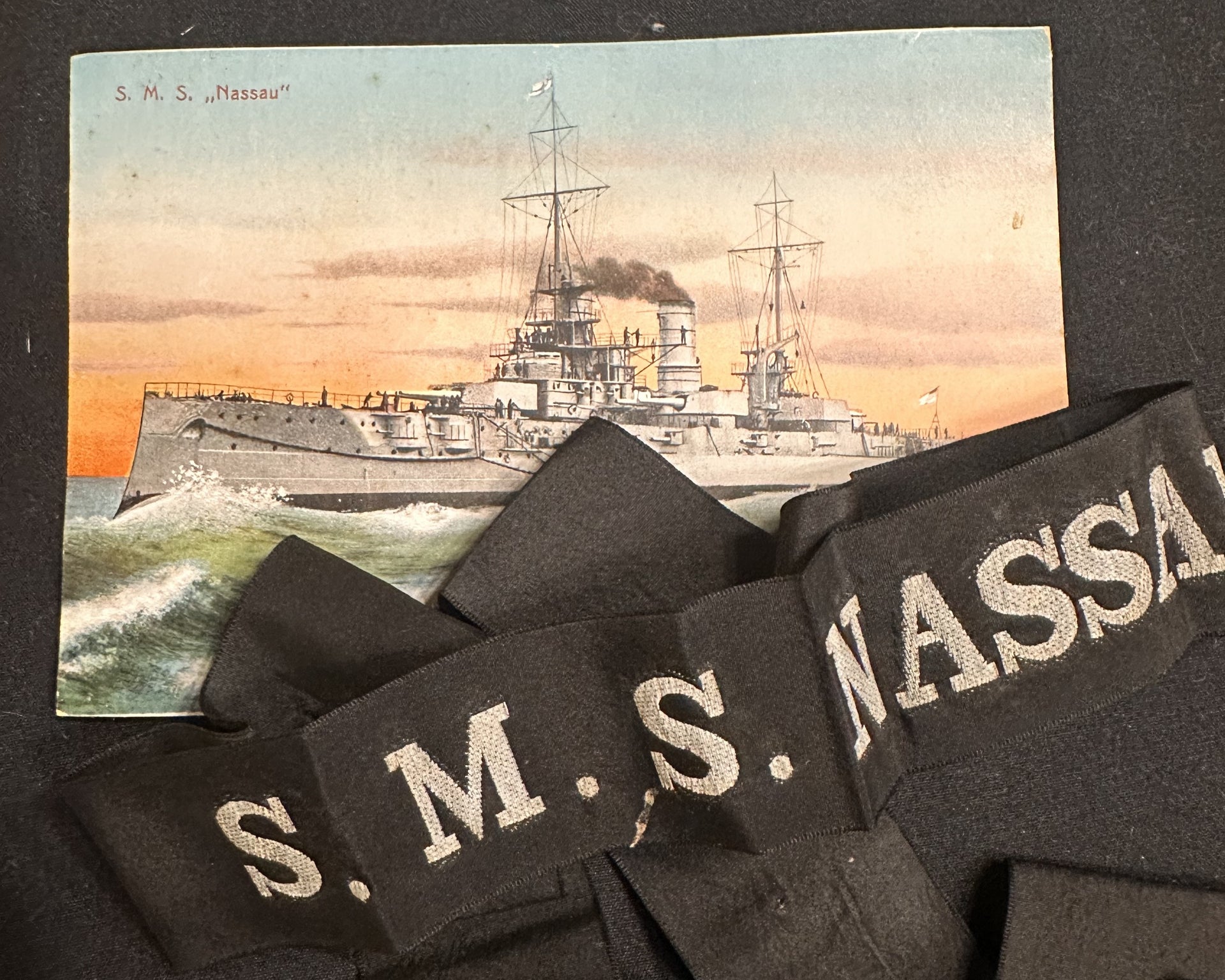 S.M.S. Nassau Ship Tally with Period Postcard, Imperial German Navy