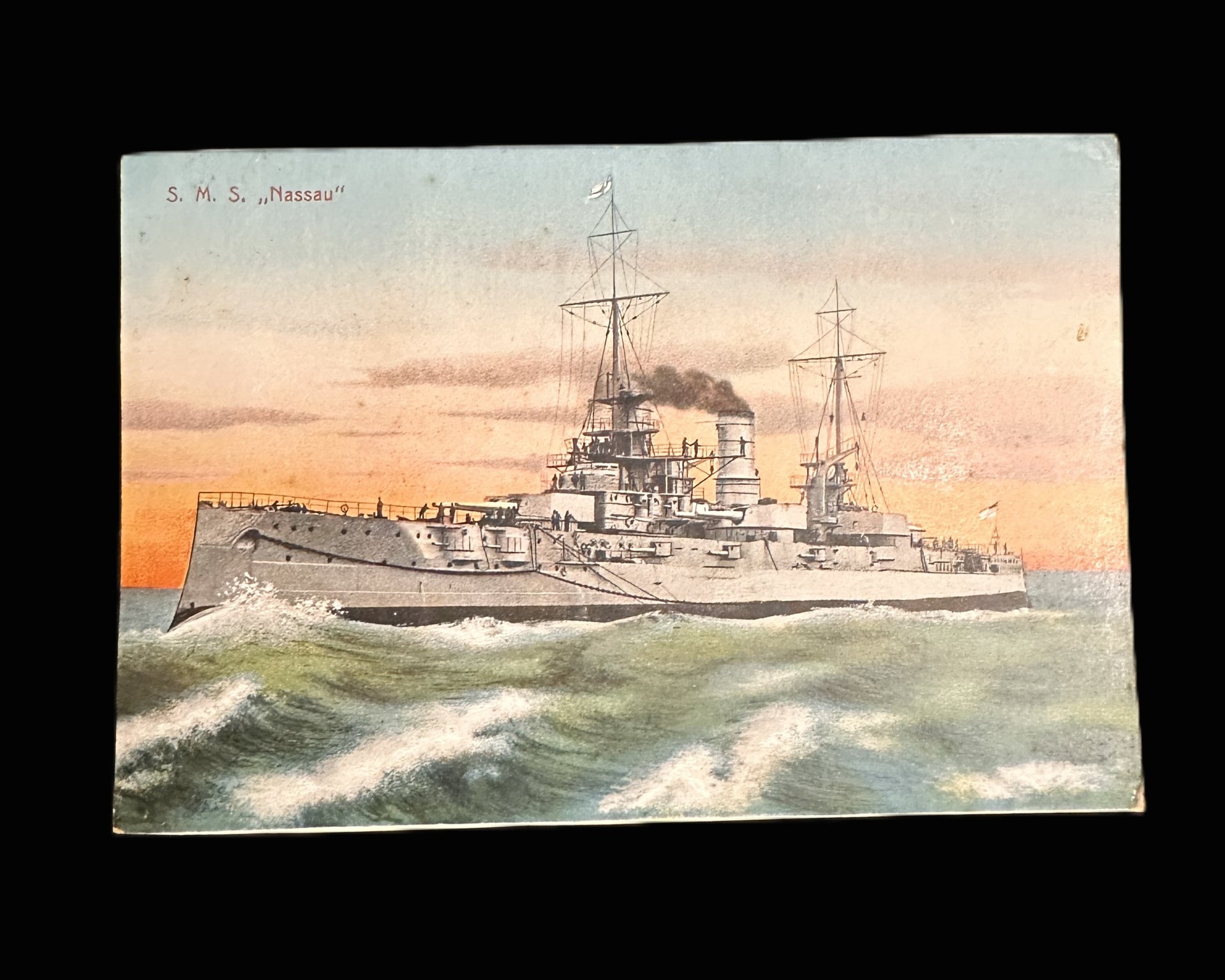 S.M.S. Nassau Ship Tally with Period Postcard, Imperial German Navy