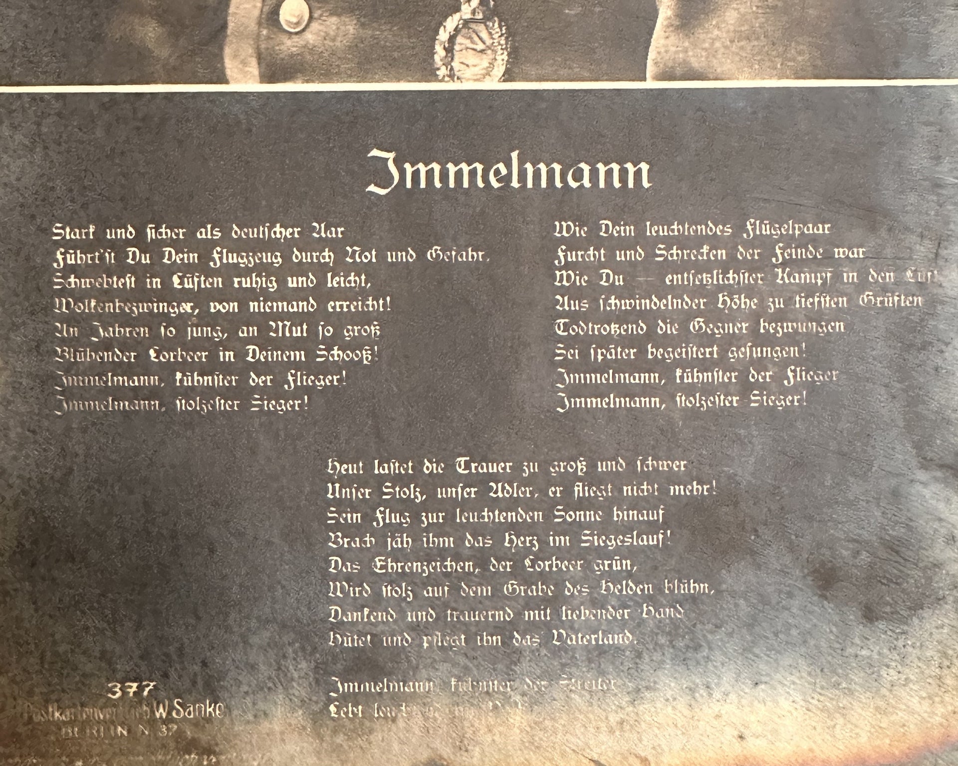 Immelmann Memorial Postcard with Handwritten Wartime Message, c. 1916–1917
