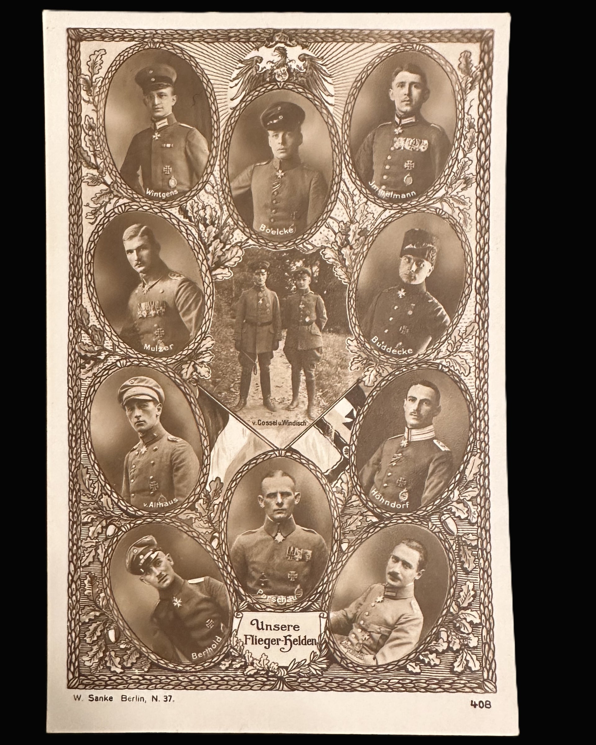 W. Sanke 408 “Unsere Flieger-Helden” WWI German Ace Montage Postcard