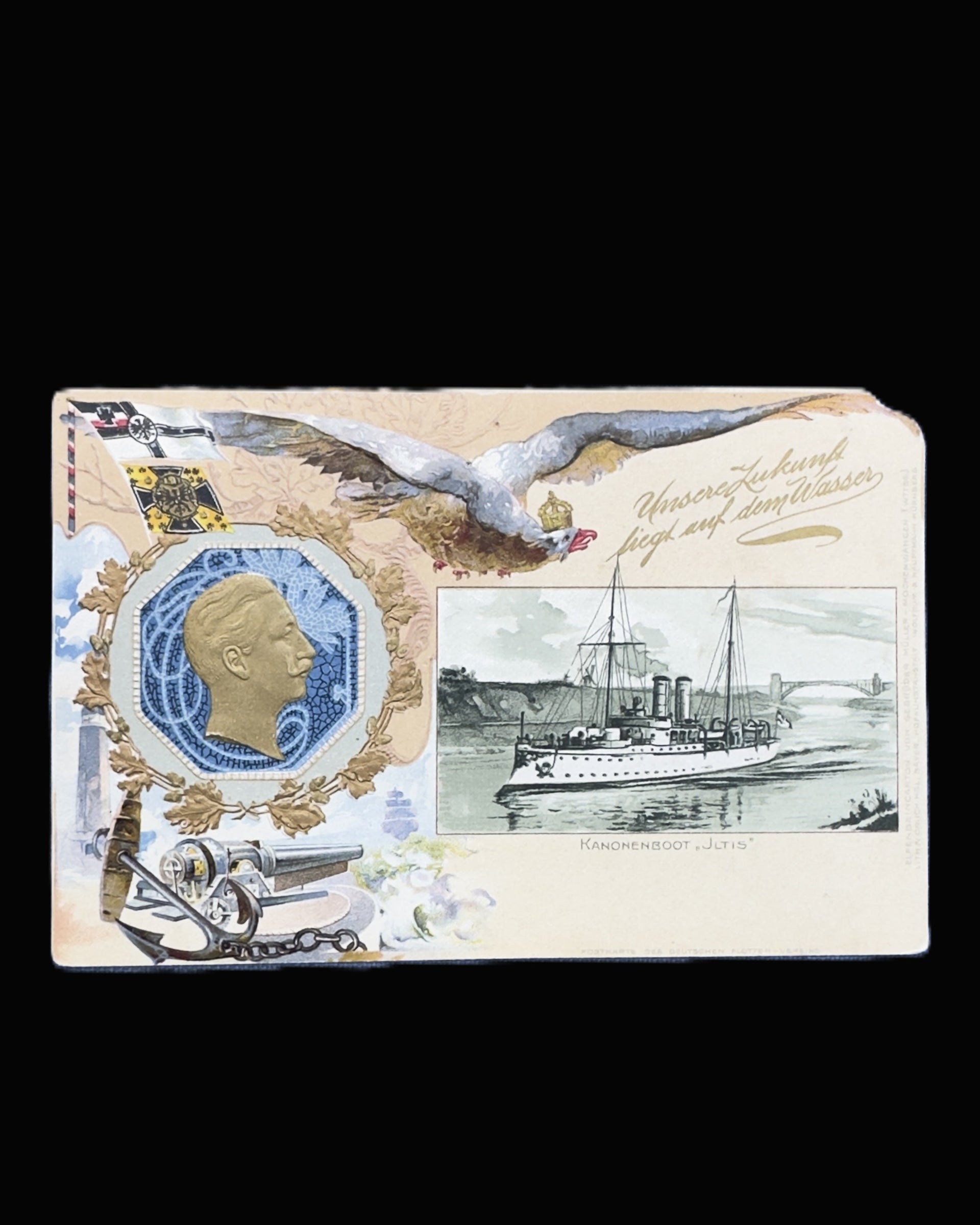 Imperial German Navy League Postcard SMS Iltis Kaiser Wilhelm II Embossed