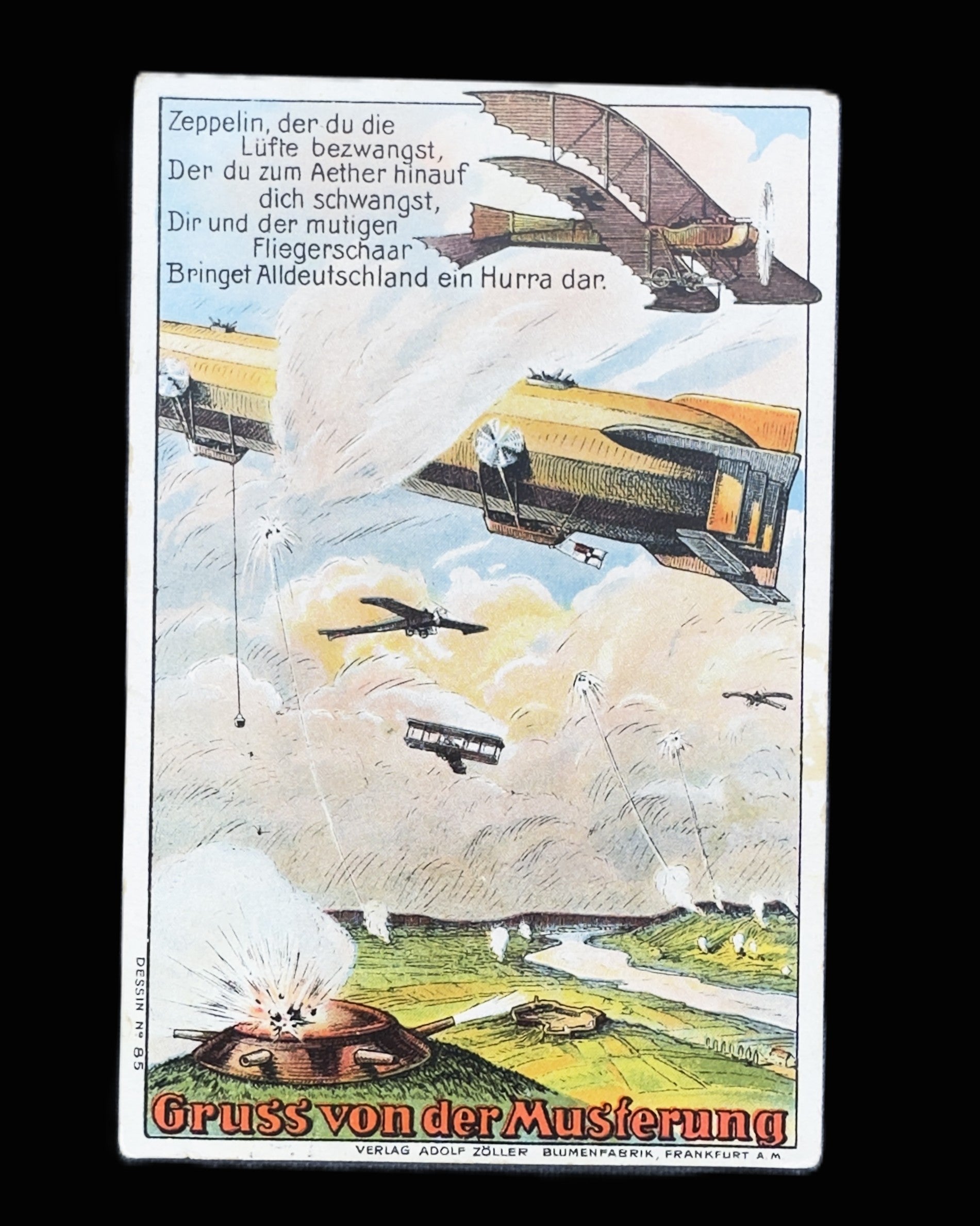 Imperial German WWI Zeppelin Aviation Postcard Gruss von der Musterung 1917