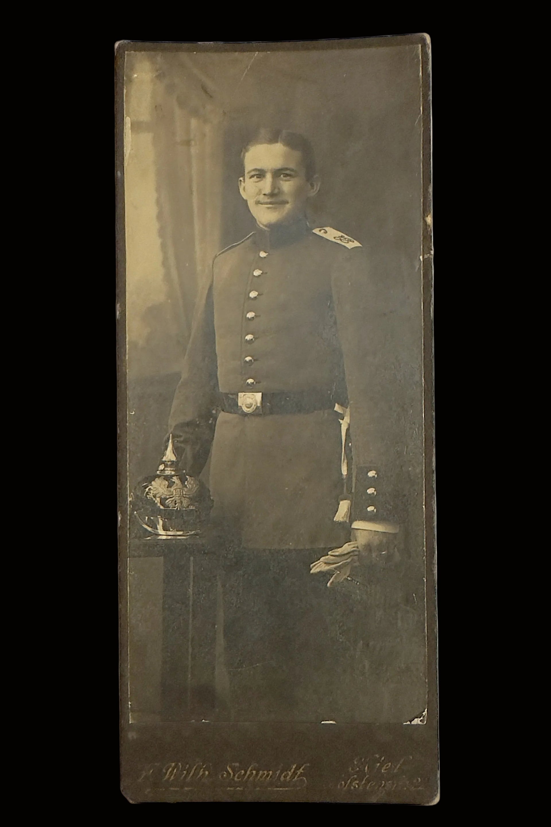 Imperial German Cabinet Card Prussian Soldier Pickelhaube Kiel Photographer Schmidt