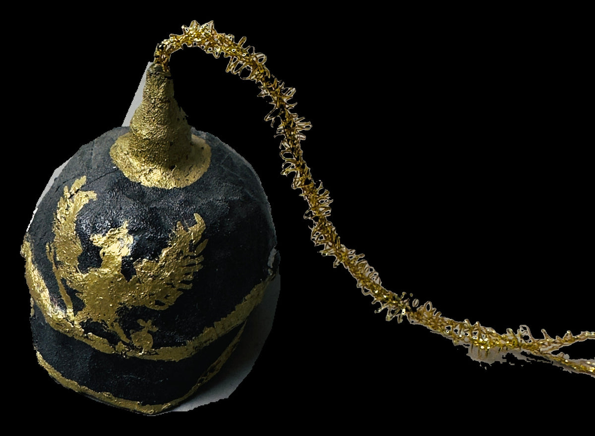 German Pickelhaube Papier-Mache Hanging Ornament in Black and Gold