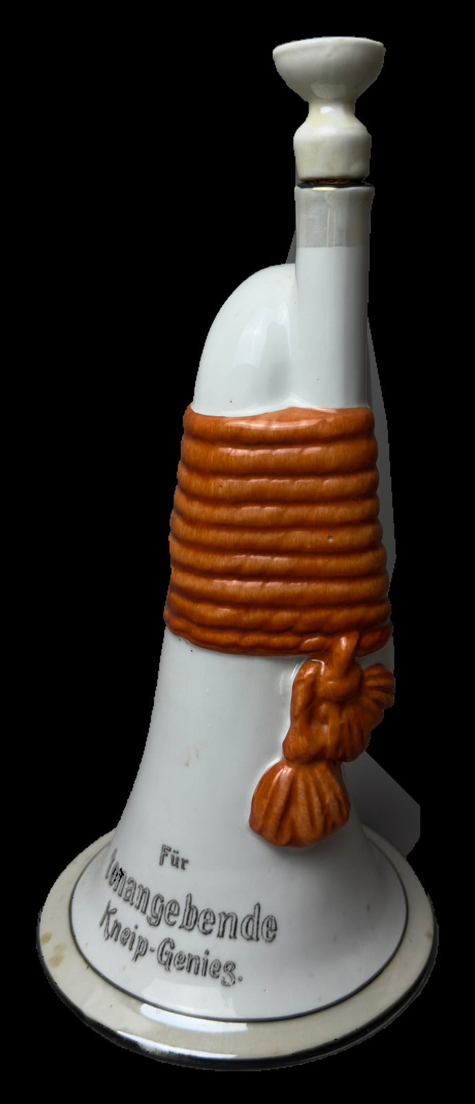 German Porcelain Trumpet-Form Novelty Decanter with Humorous Inscription
