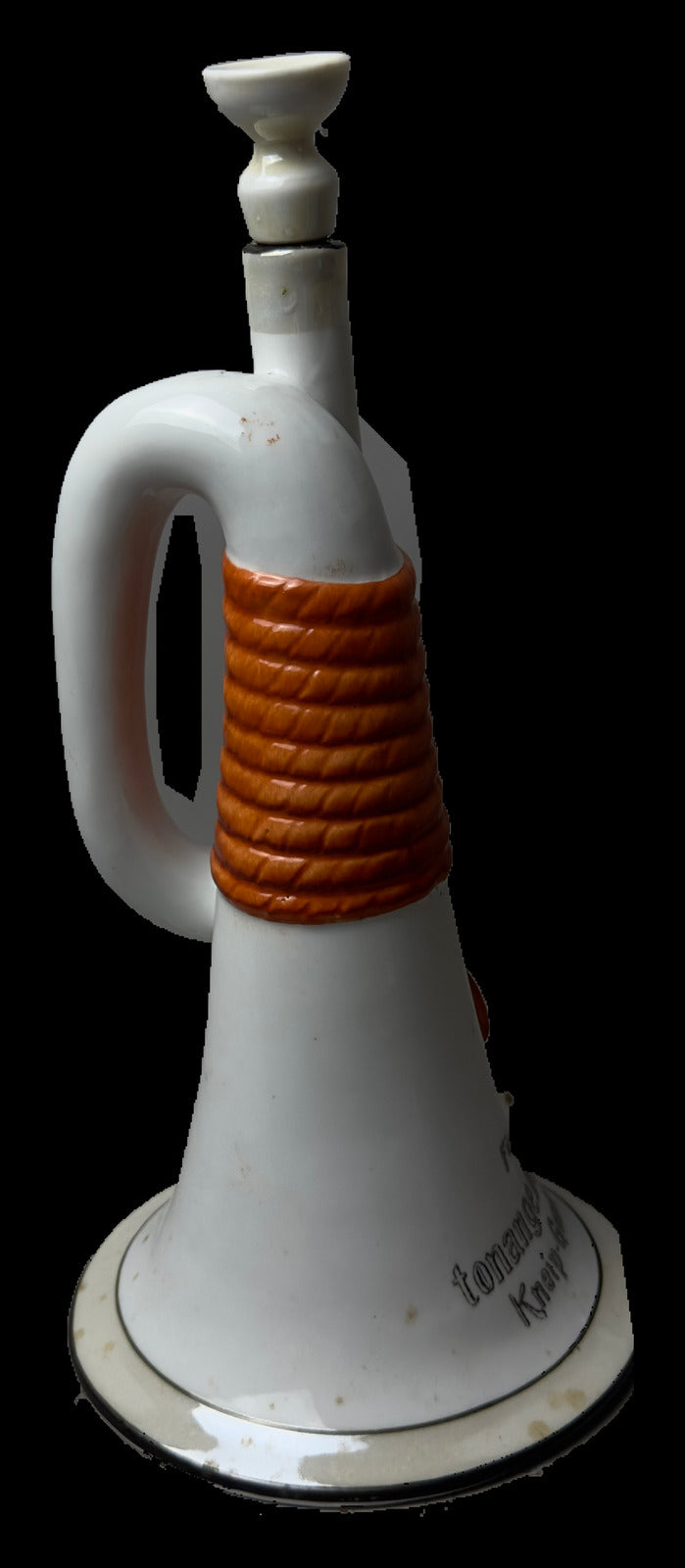 German Porcelain Trumpet-Form Novelty Decanter with Humorous Inscription