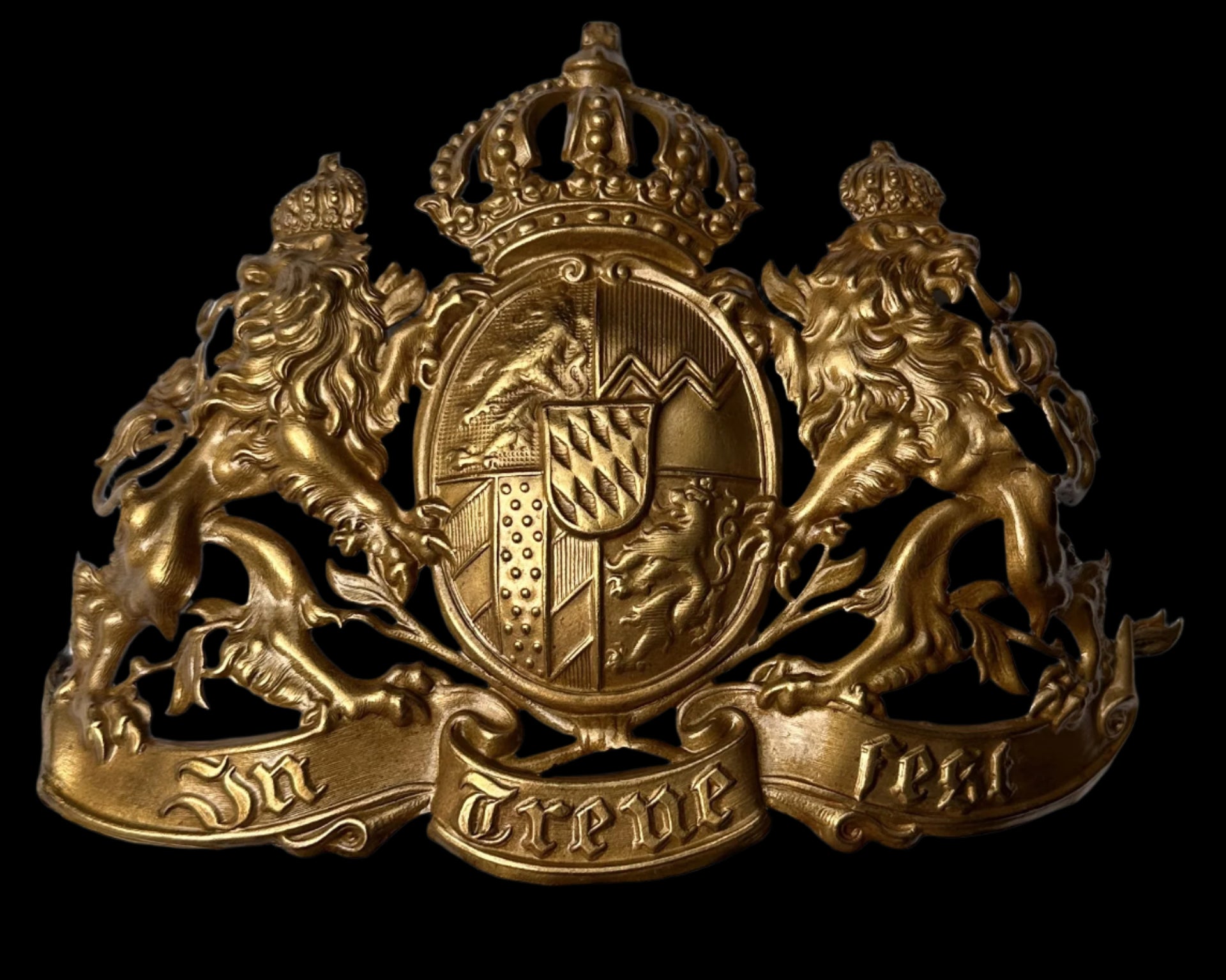 Bavarian Helmet Wappen – “In Treue Fest” Motto – Lions & Crown Crest