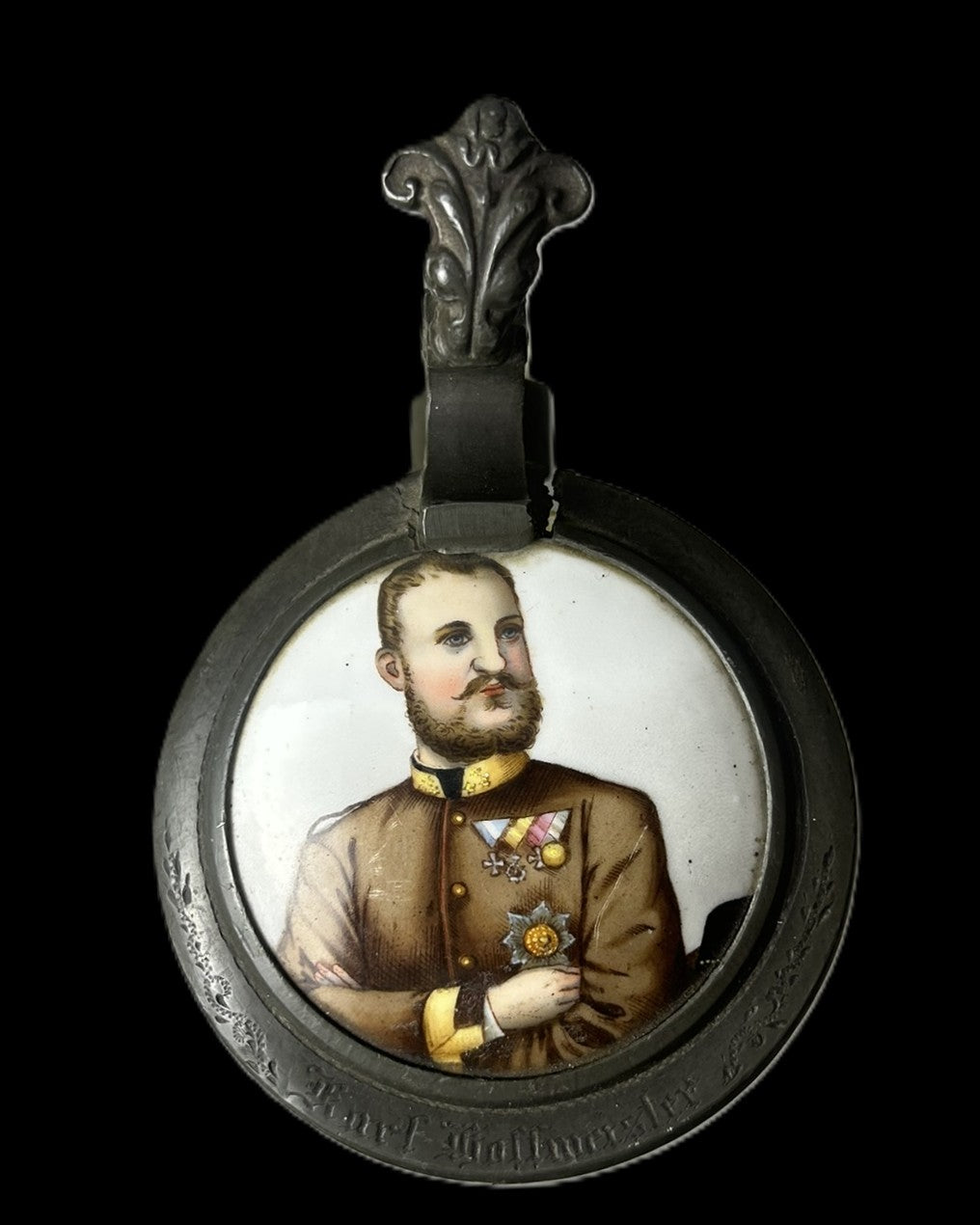 Bavarian Prinz Leopold Portrait Glass Beer Stein with Porcelain Lid