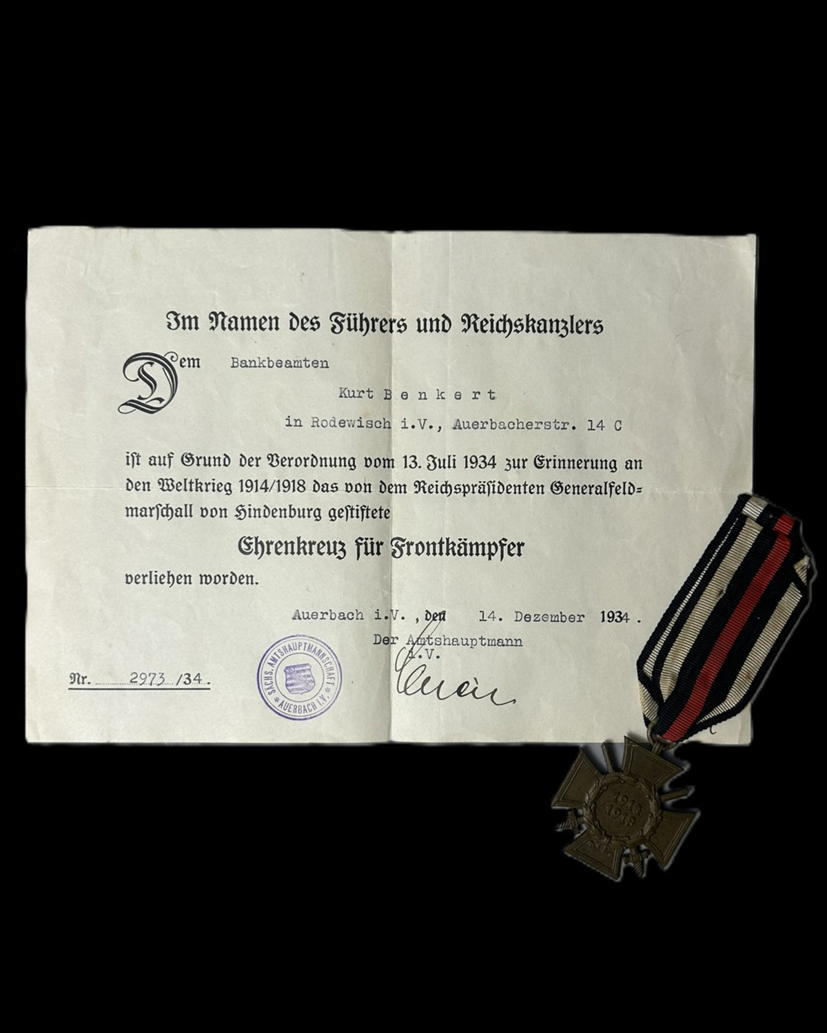 German WWI Hindenburg Cross for Front Combatants with Named 1934 Award Document