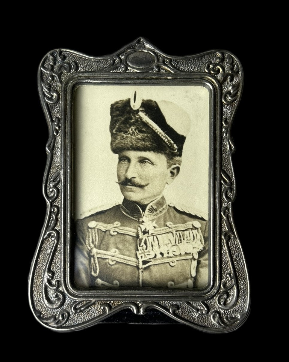 Imperial German Prussian Hussar Officer Portrait in Ornate Metal Frame