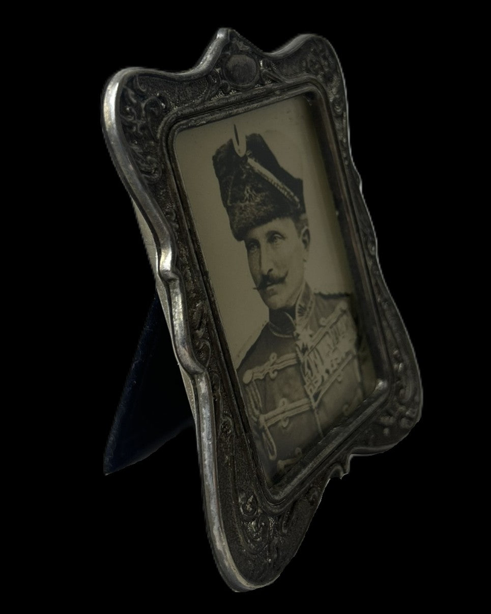 Imperial German Prussian Hussar Officer Portrait in Ornate Metal Frame