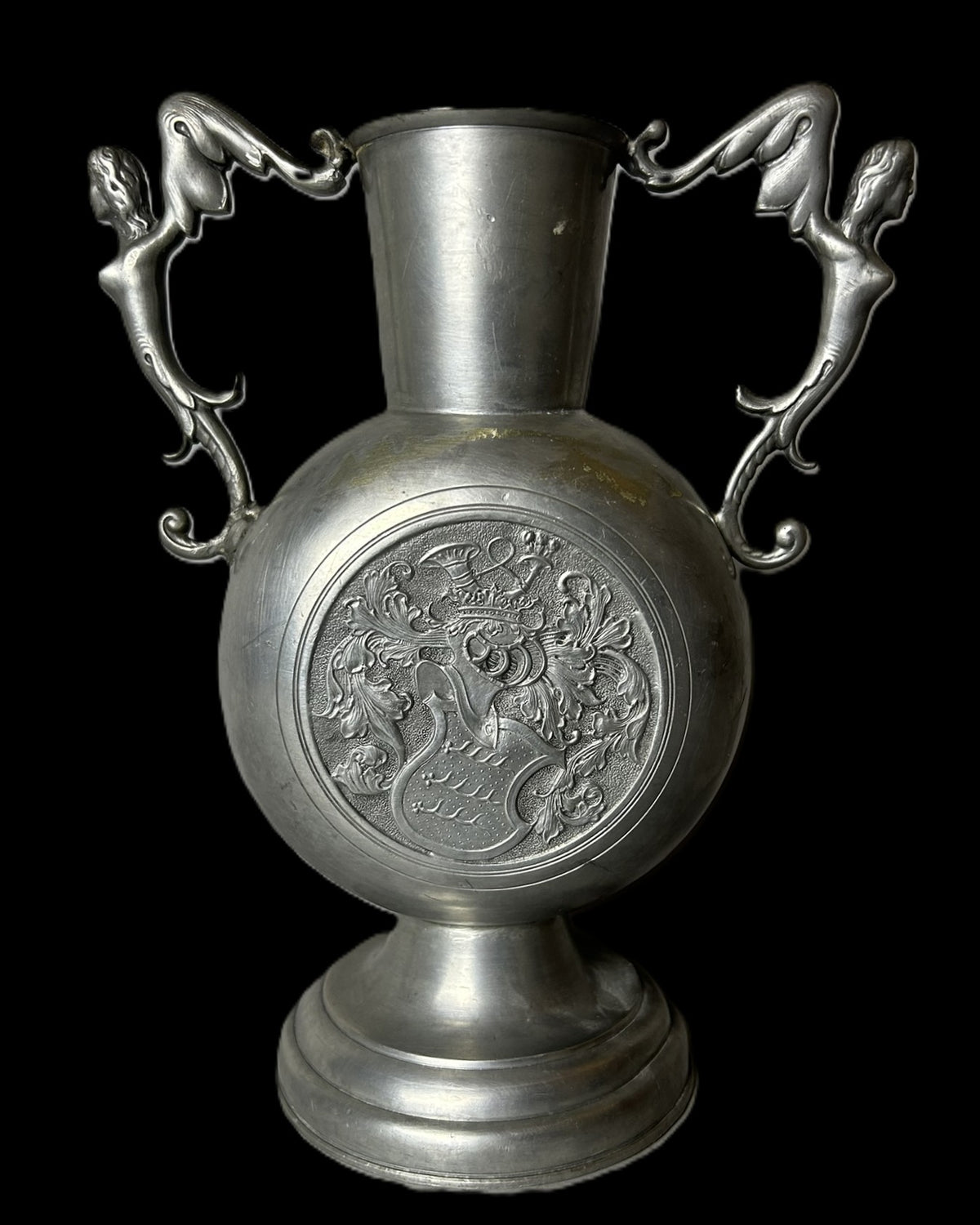 German Pewter Heraldic Vase with Art Nouveau Figural Handles, Circa 1900