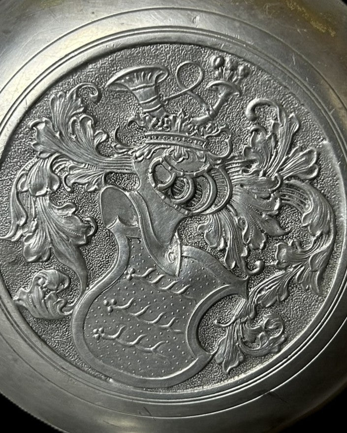 German Pewter Heraldic Vase with Art Nouveau Figural Handles, Circa 1900