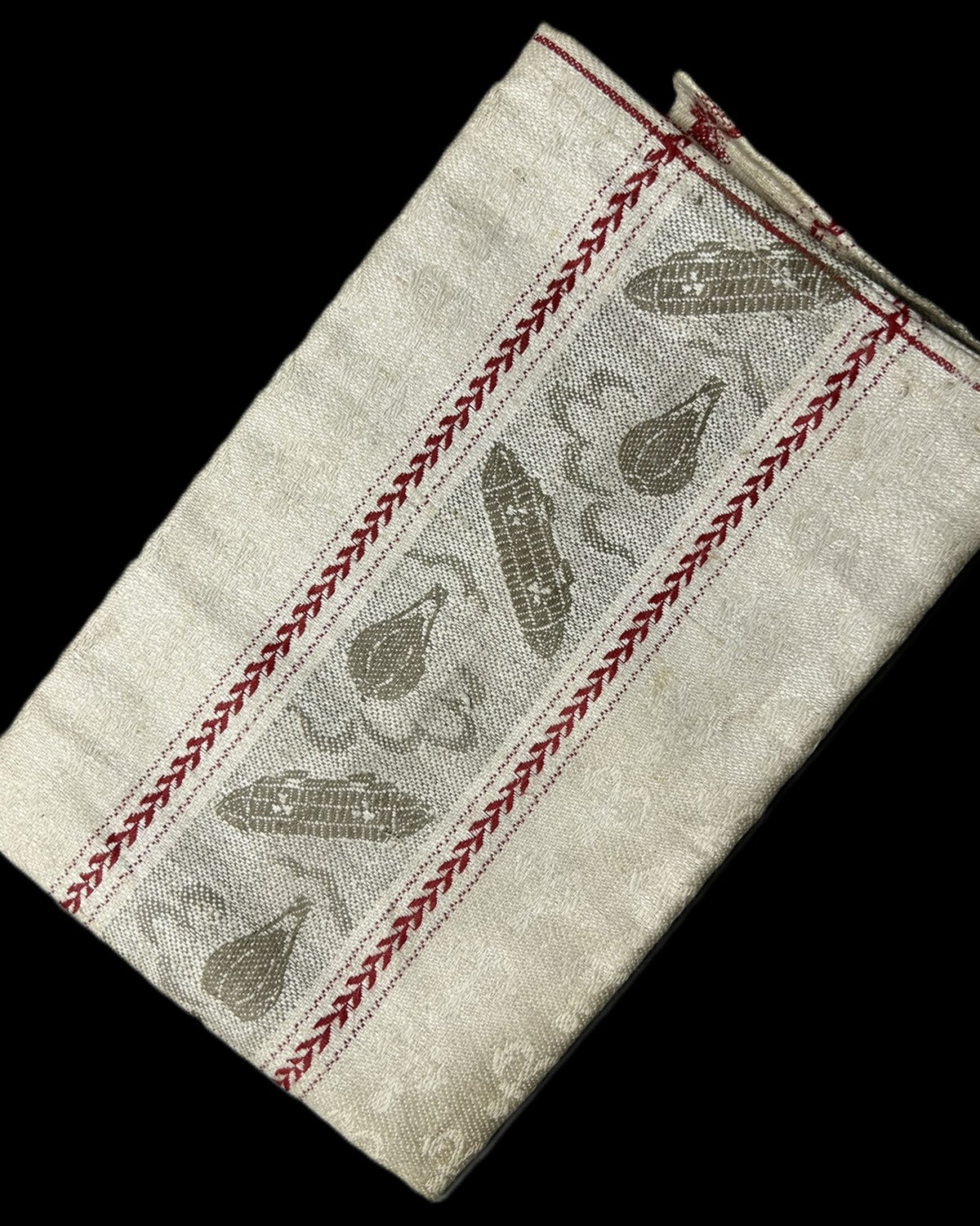 Vintage Woven Table Runner with Corn and Fruit Motifs and Red Borders