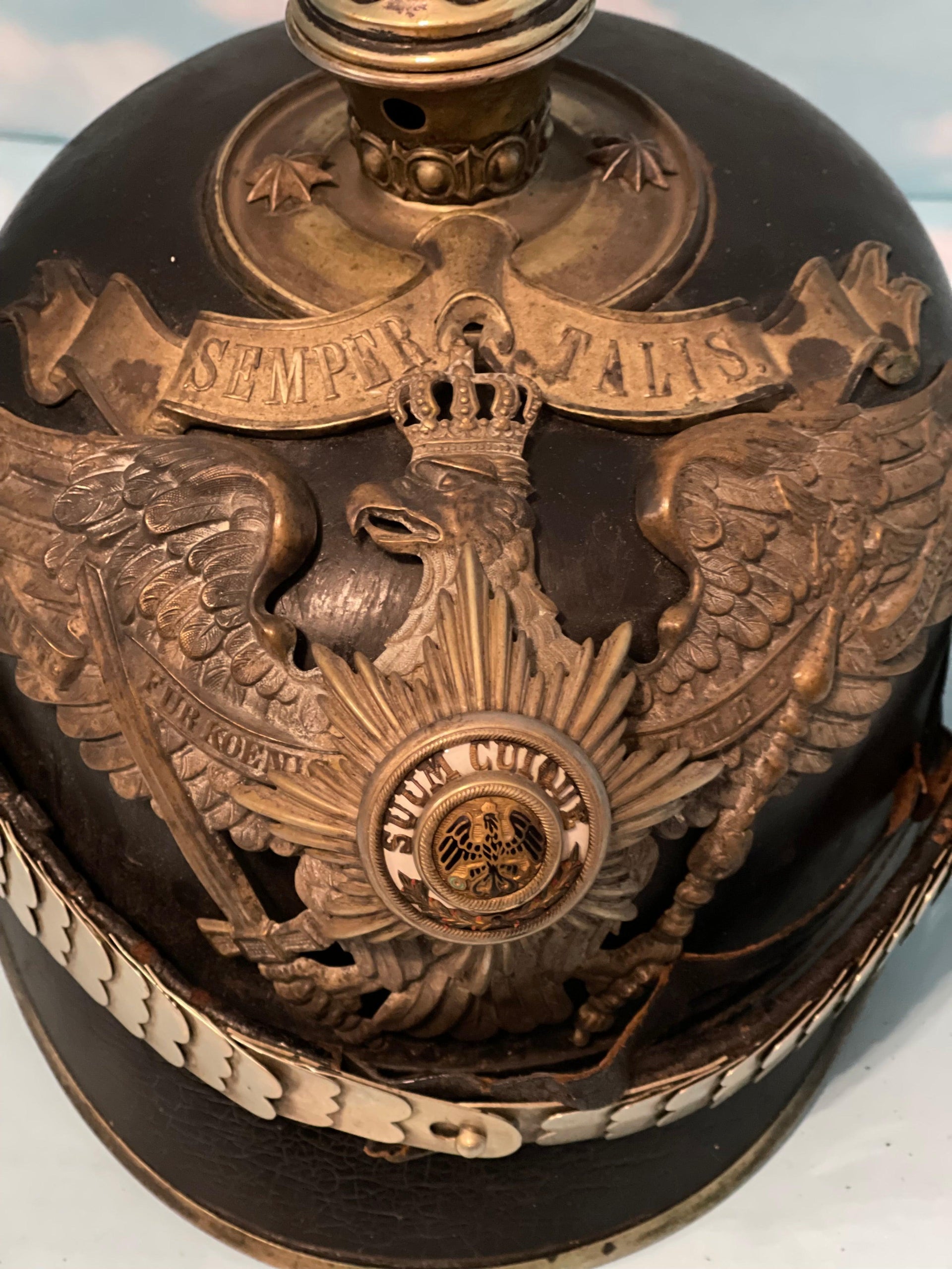 Prussia - Pickelhaube / Spiked Helmet - Officer - 1. Garde Rgt Zu Fus - Semper Talis Bandeau - Derrittmeister Militaria