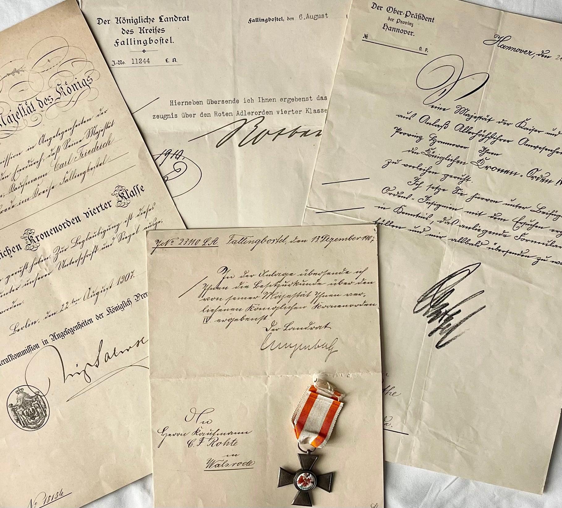 Prussia Award and Document Red Eagle Order 4th Class Carl Friedrich Rohte - Derrittmeister Militaria