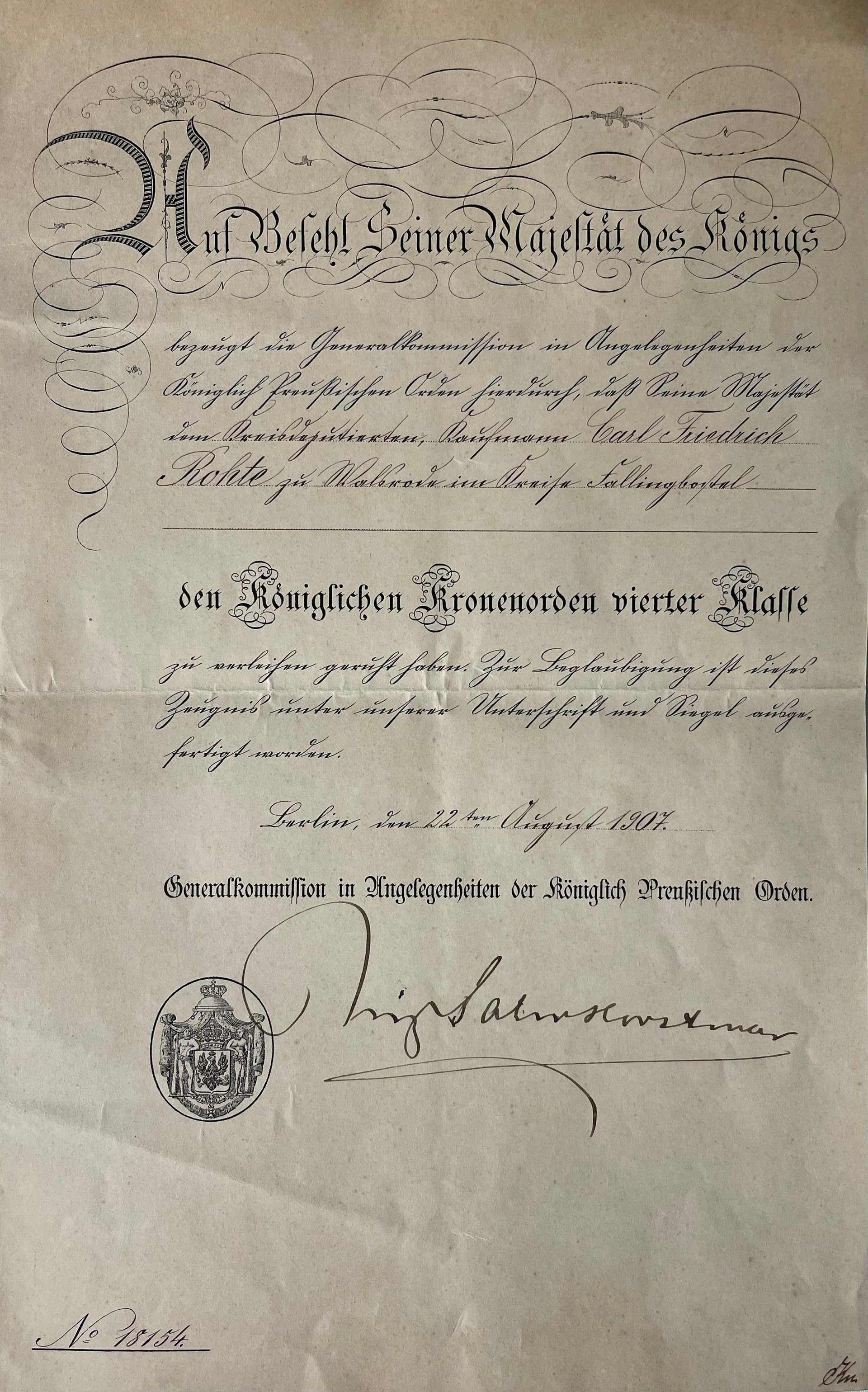 Prussia Award and Document Red Eagle Order 4th Class Carl Friedrich Rohte - Derrittmeister Militaria