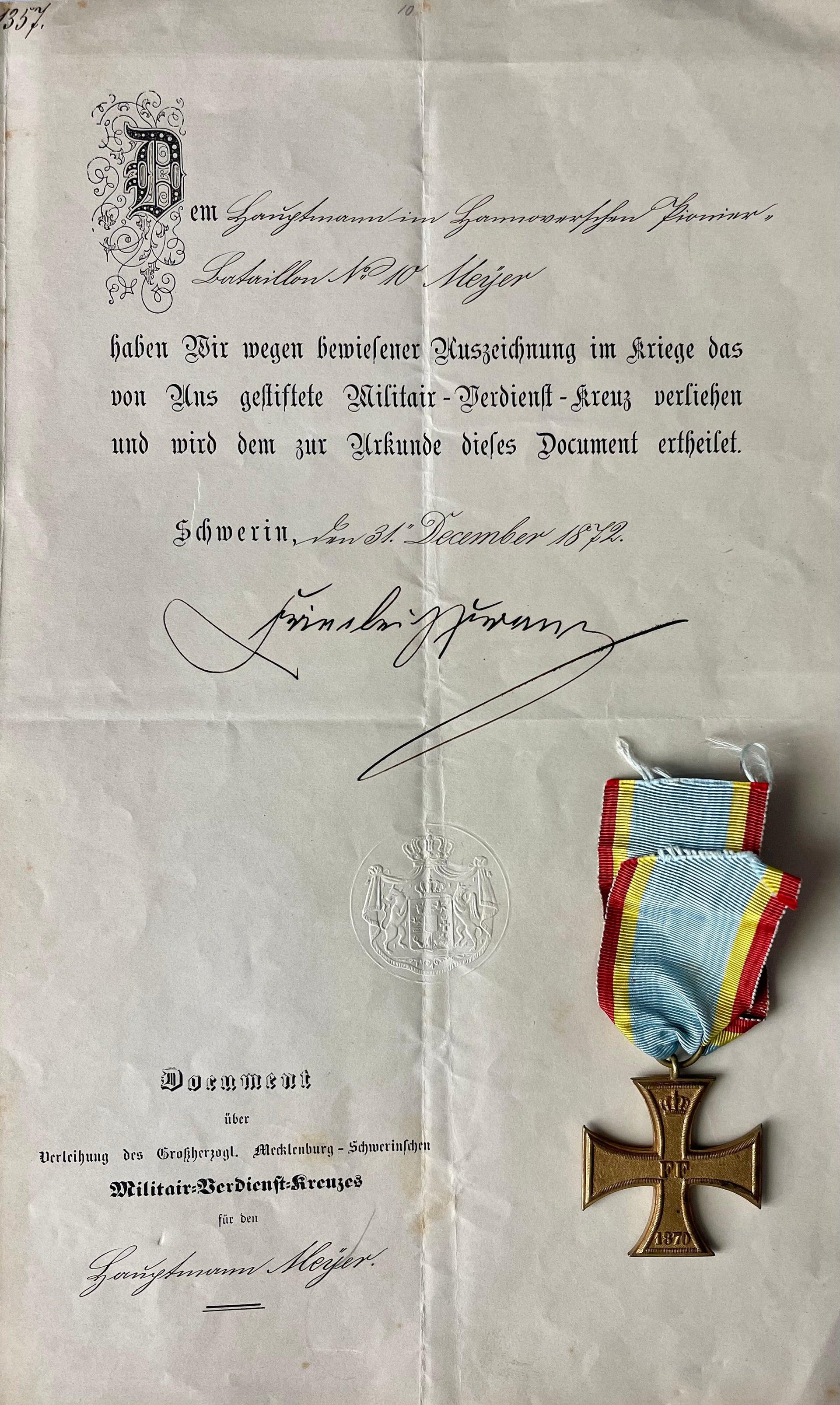 Mecklenburg Schweirn 1870 Military Service Cross 2nd Class and Urkunde Wilhelm Meyer. - Derrittmeister Militaria