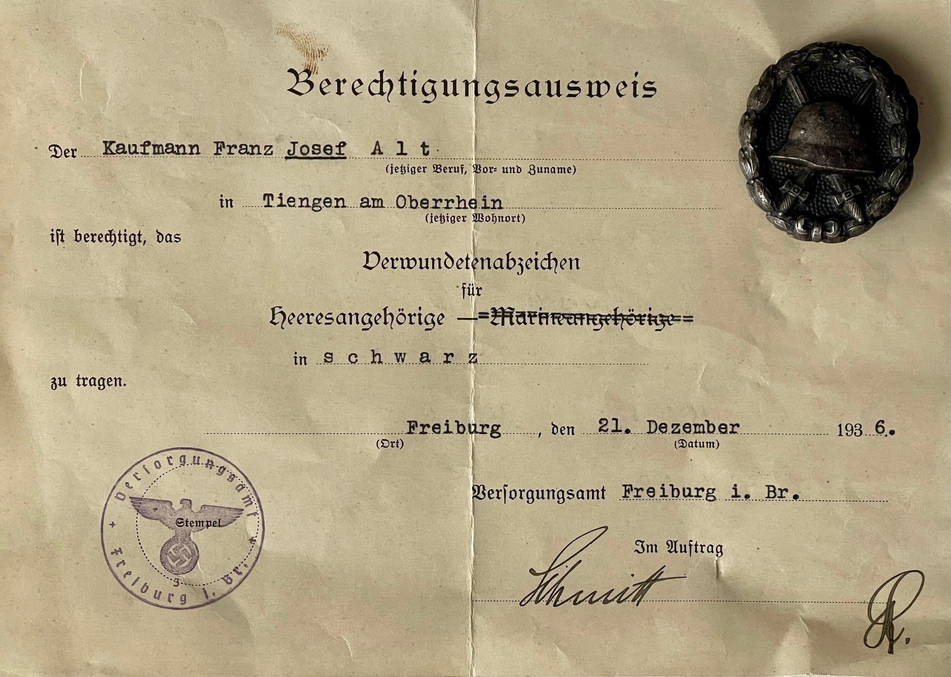 Germany Award and Document Black Army Wound Badge Josef Kaufmann - Derrittmeister Militaria