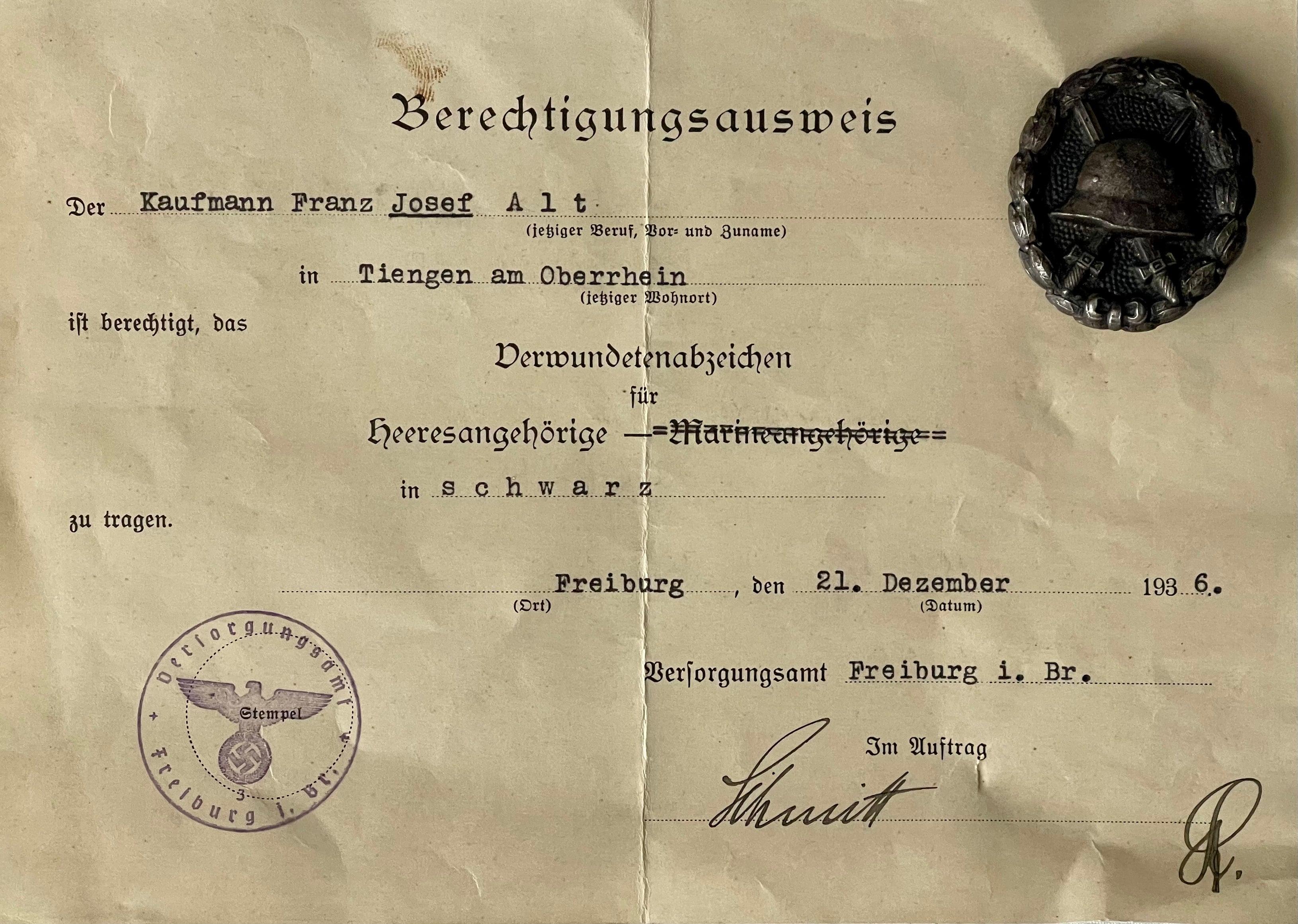 Germany Award and Document Black Army Wound Badge Josef Kaufmann - Derrittmeister Militaria